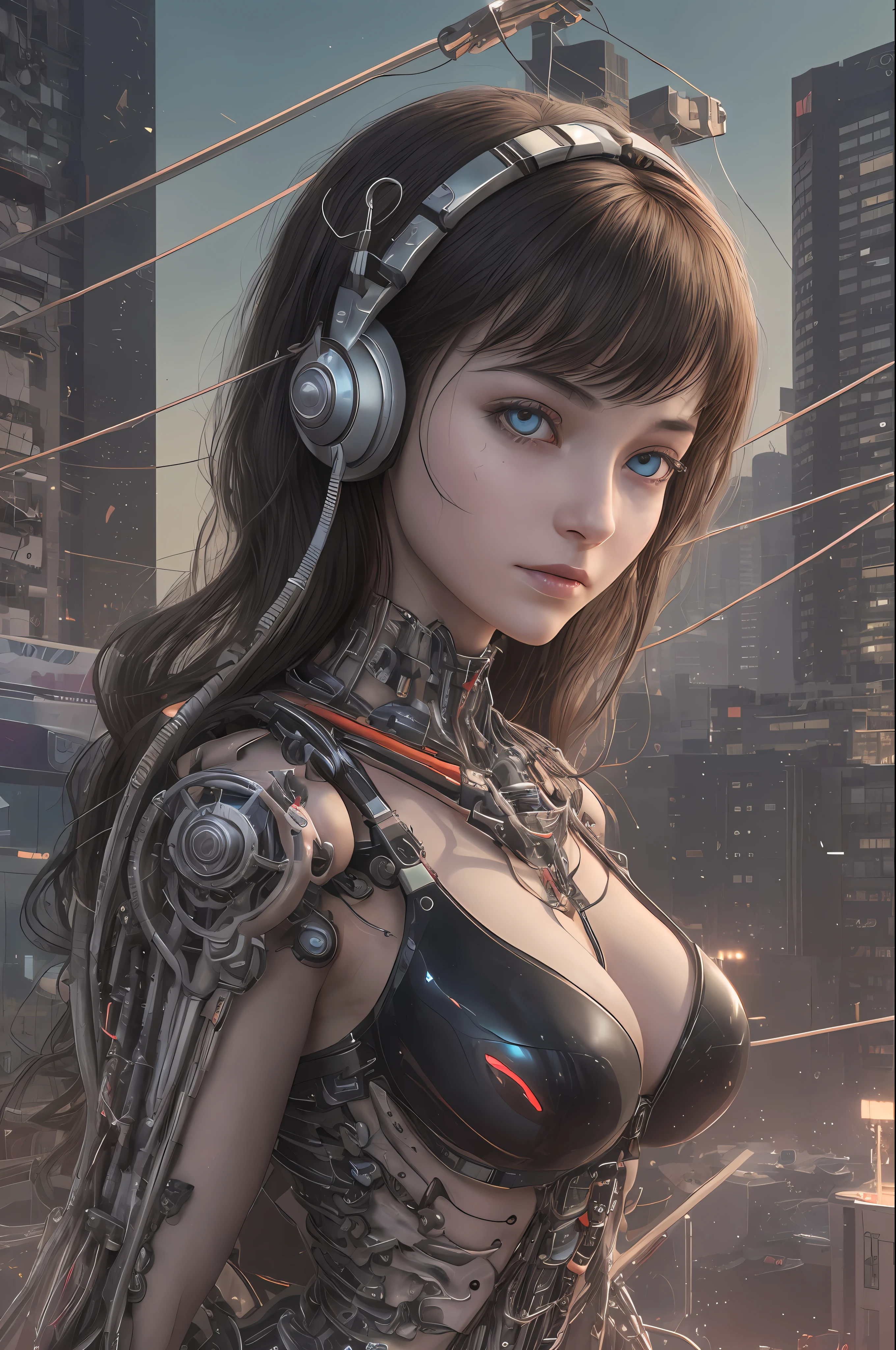 Top Quality, Masterpiece, Ultra High Resolution, (Photorealistic: 1.4), Raw Photo, 1 Girl, Black Hair, Glossy Skin, 1 Mechanical Girl, (Ultra Realistic Details)), Sidmead-inspired Mecha Design, Portrait, Global Illumination, Shadows, Octane Rendering, 8K, Ultra Sharp, Big, Cleavage Exposed Raw Skin, Metal, Intricate ornament details, headset, hydraulic cylinder, very intricate details, realistic light, CGSoation trend, purple eyes, glowing eyes, facing the camera, neon details, mechanical limbs, blood vessels connected to tubes, mechanical vertebrae attached to the back, mechanical cervical attachment to the neck, sitting, wires and cables connecting to the head, Evangelion, cyberpunk, small LED lamps,