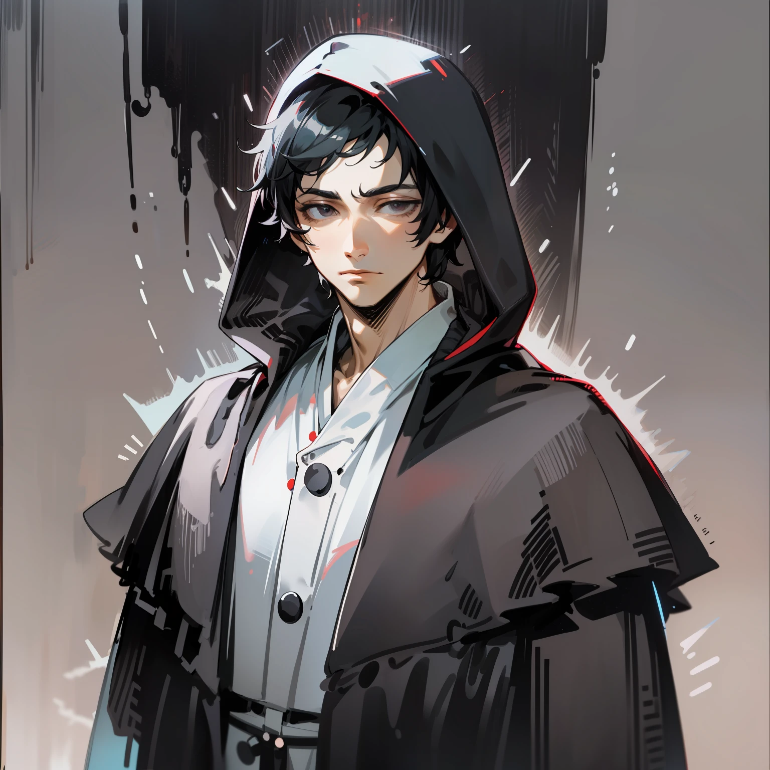 A man with short, black hair. He has dark eyes and wears a black robe with a white button-down shirt underneath. He has white skin and is tall. He wears a black hooded robe.