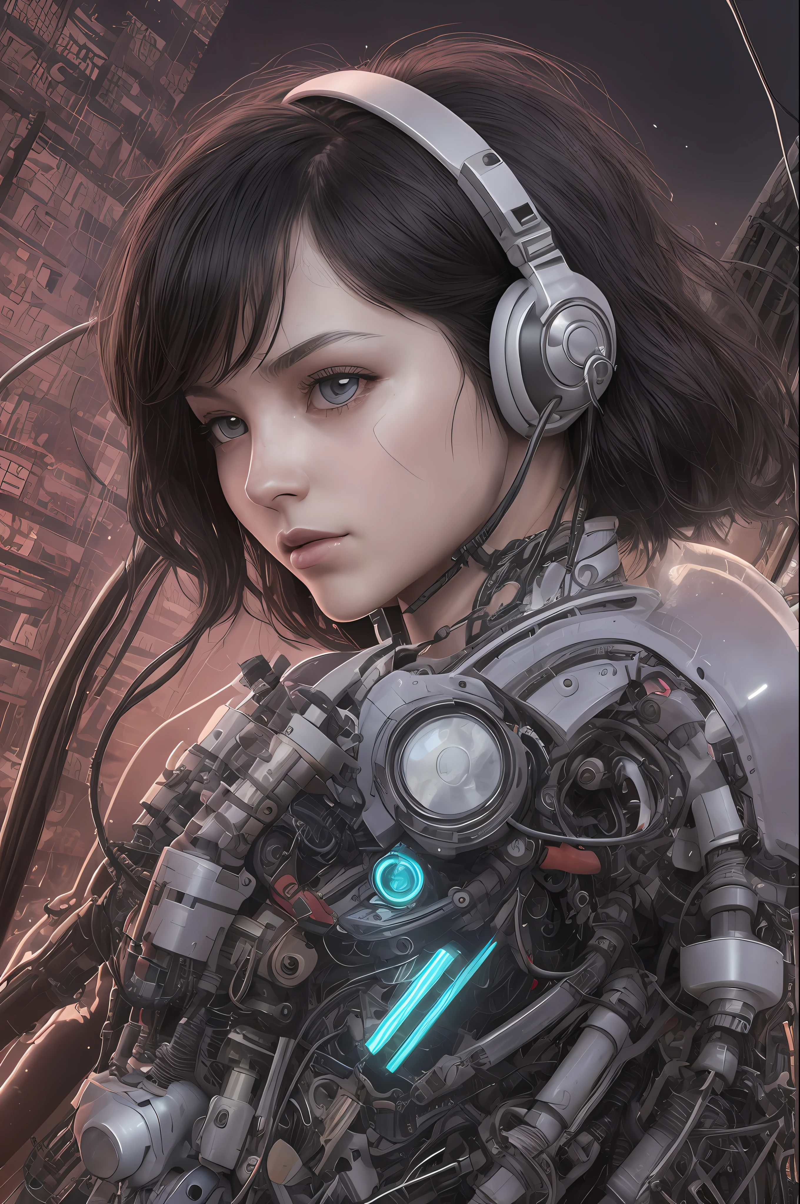 Top Quality, Masterpiece, Ultra High Resolution, (Photorealistic: 1.4), Raw Photo, 1 Girl, Black Hair, Glossy Skin, 1 Mechanical Girl, (Ultra Realistic Details)), Sidmead-inspired Mecha Design, Portrait, Global Illumination, Shadows, Octane Rendering, 8K, Ultra Sharp, Big, Cleavage Exposed Raw Skin, Metal, Intricate ornament details, headset, hydraulic cylinder, very intricate details, realistic light, CGSoation trend, purple eyes, glowing eyes, facing the camera, neon details, mechanical limbs, blood vessels connected to tubes, mechanical vertebrae attached to the back, mechanical cervical attachment to the neck, sitting, wires and cables connecting to the head, Evangelion, cyberpunk, small LED lamps,