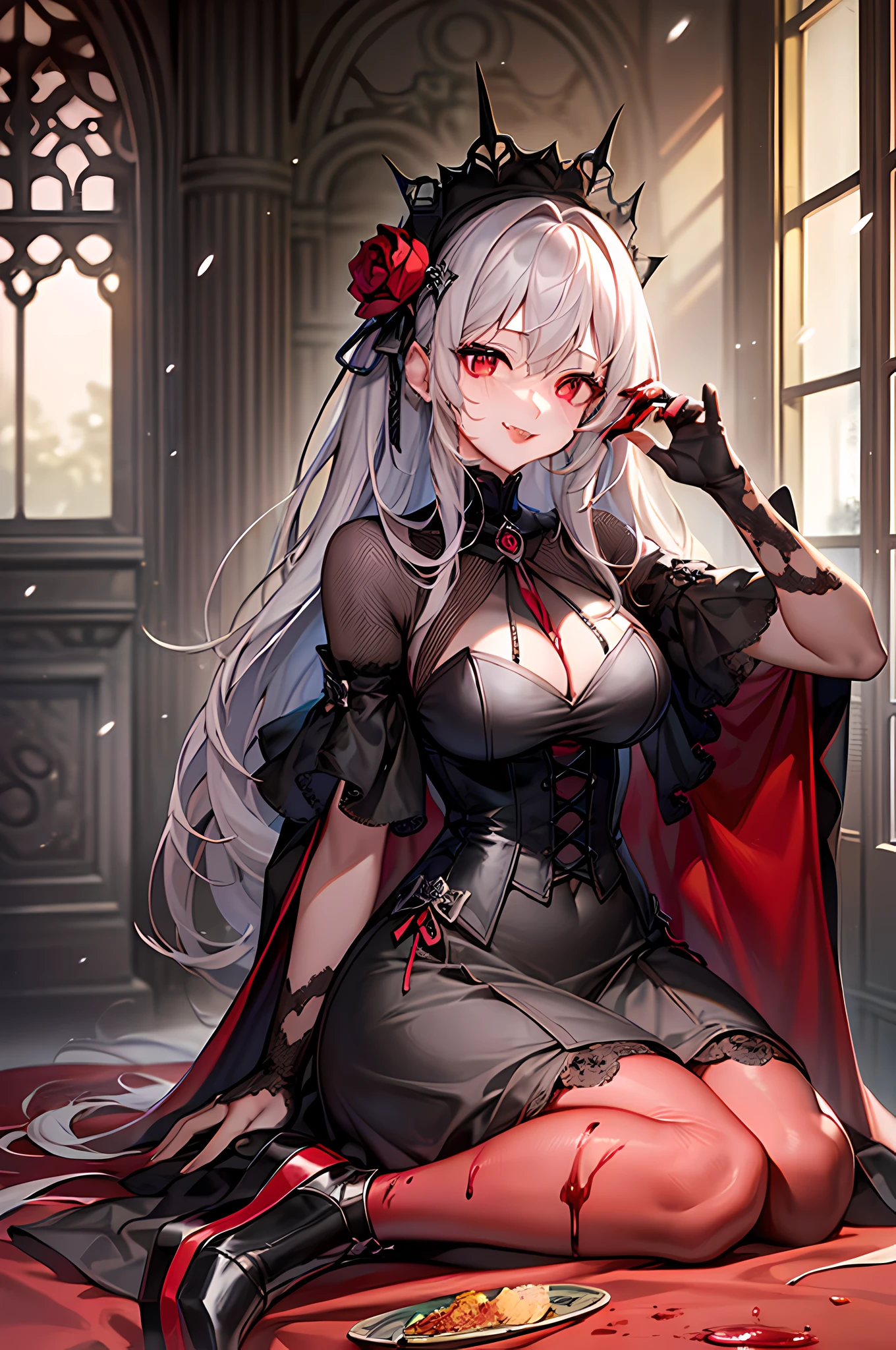 fullbody, sitting, 1girl, vampire, gothic, victorian goth clothing, with a cape, black dress with red details, big fangs on her smile, glowing red eyes, snow white pale, detailed intricate background of her gothic castle mansion, red pillows black furniture, bright red lips, blood splatters, wine glasses with red liquid, (view from bottom), dramatic lighting, cinematic, elegant, arrogance, royal, poster