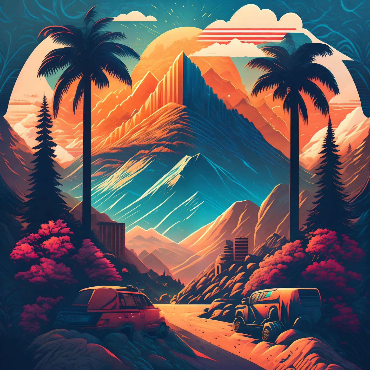"A city in a summer landscape with mountains in the background, surrounded by trees, vibrant t-shirt design with vector art details by Hydro74."