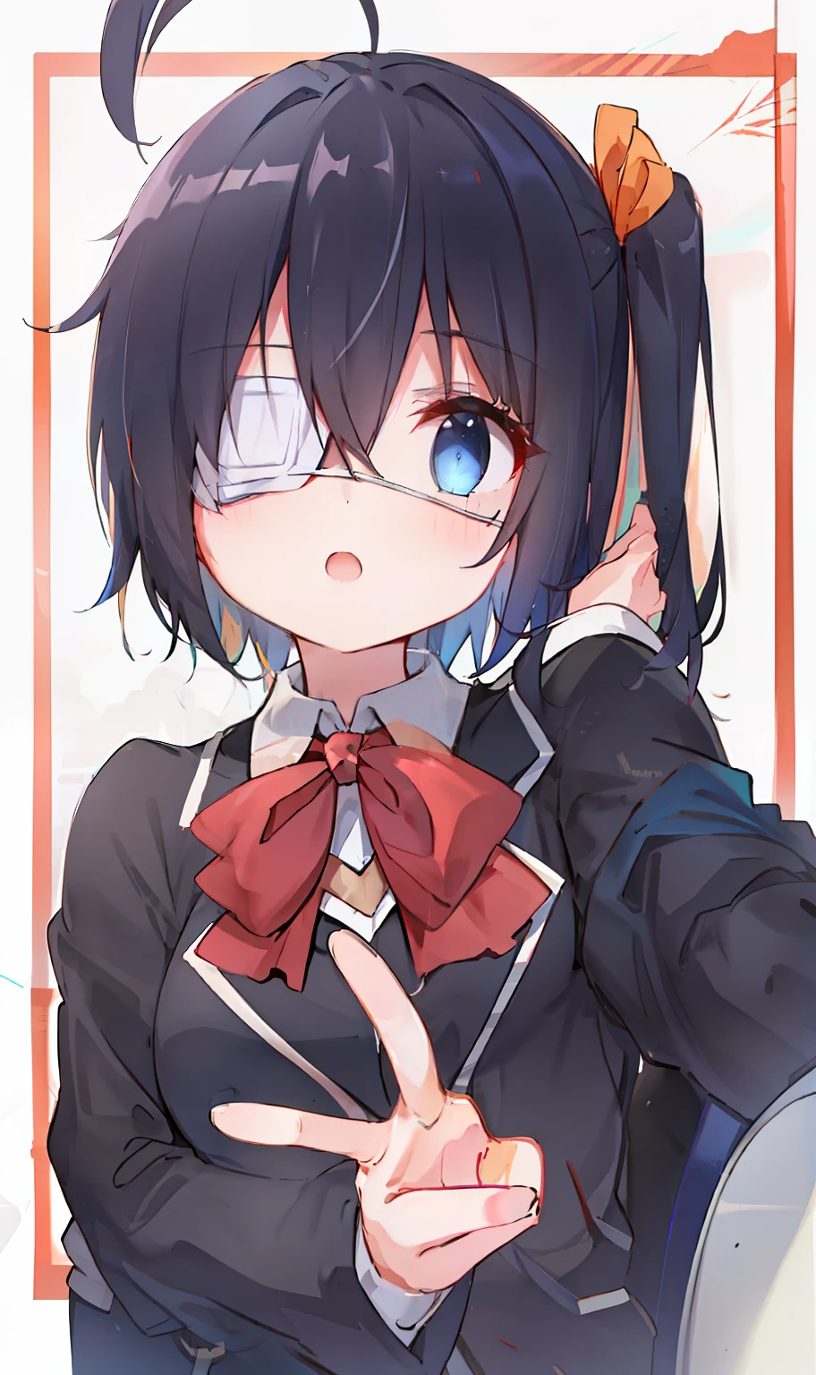 high res, masterpiece,Rikka Takanashi, black hair, solo, 1girl,outside,deatailed background, detailed eyes, ((blue eyes)), eyepatch