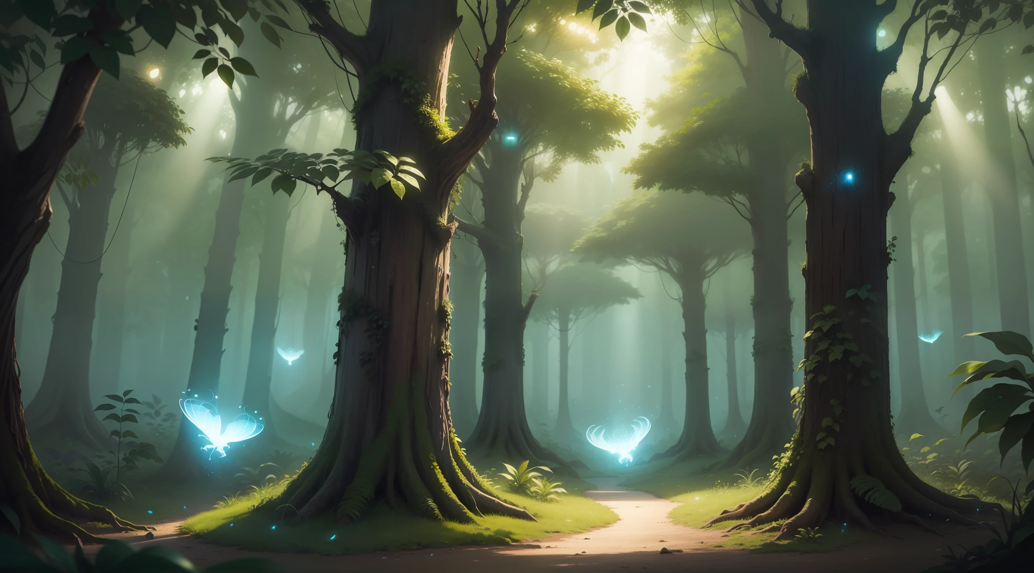 forest illuminated by bioluminescent creatures. Add little beings of light flying between the trees, emitting soft glows and creating a magical atmosphere, (natural elements), (jungle theme), (leaves), (light environment)