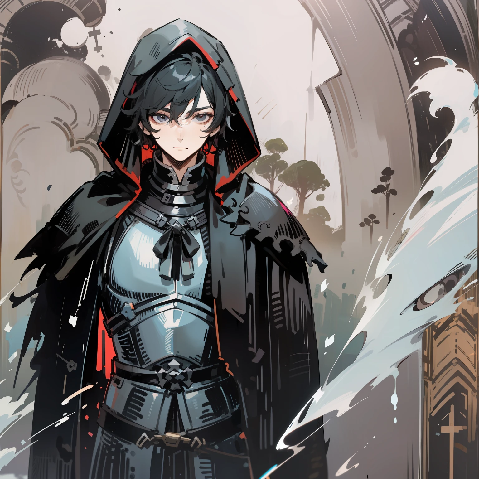 A man with short, black hair. He has dark eyes and wears a black robe with a white button-down shirt underneath. He has white skin and is tall. He wears a black hooded robe. He wears light armor.
