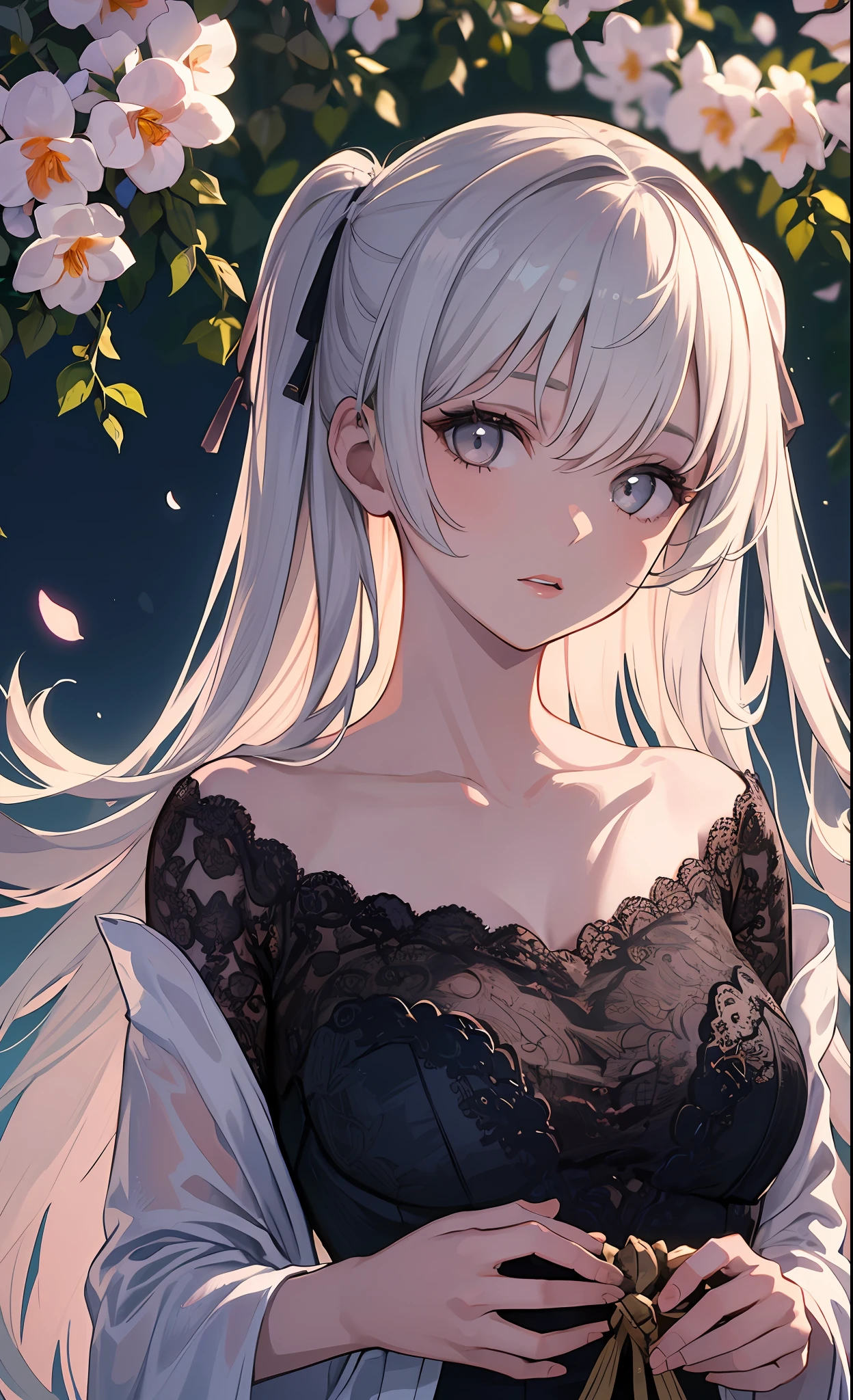 (8k, RAW photo, best quality, ultra detailed CG unity 8k wallpaper,masterpiece:1.2, a girl, watercolor painting:1.2,ultra beautiful detailed eyes, Precise iris depiction ,ultra-detailed face, looking at the viewer gently and affectionately like a goddess,beautiful textured, chiaroscuro,professional make-up,realistic,  dominating, figure in frame, 
(Girl:1.5),Lace,Ribbon,Hanfu,(Masterpiece, Side Light, Delicate Beautiful Gray Eyes: 1.2), Masterpiece, Realistic, Glowing Eyes,Glossy Hair,Lustrous Skin, Solo, Embarrassing,Strapless,Exquisite,Beautiful,Garden,Flower,Flying Petals,Ultra-Detailed Beautiful Background Drawn by Professional illustrator,background with a sense of perspective,cinematic lighting