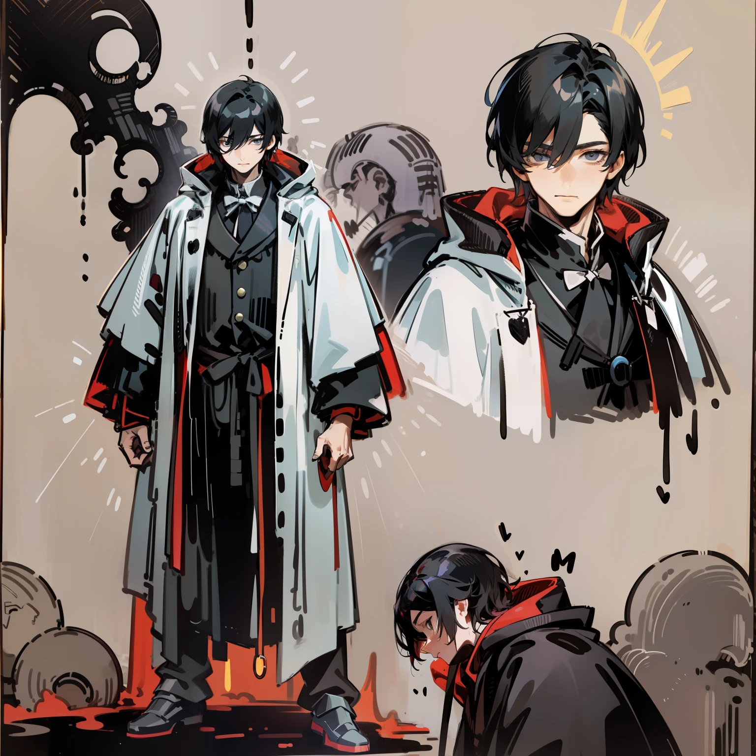 A man with short, black hair. He has dark eyes and wears a black robe with a white button-down shirt underneath. He has white skin and is tall. He wears a black hooded robe. He wears light armor.