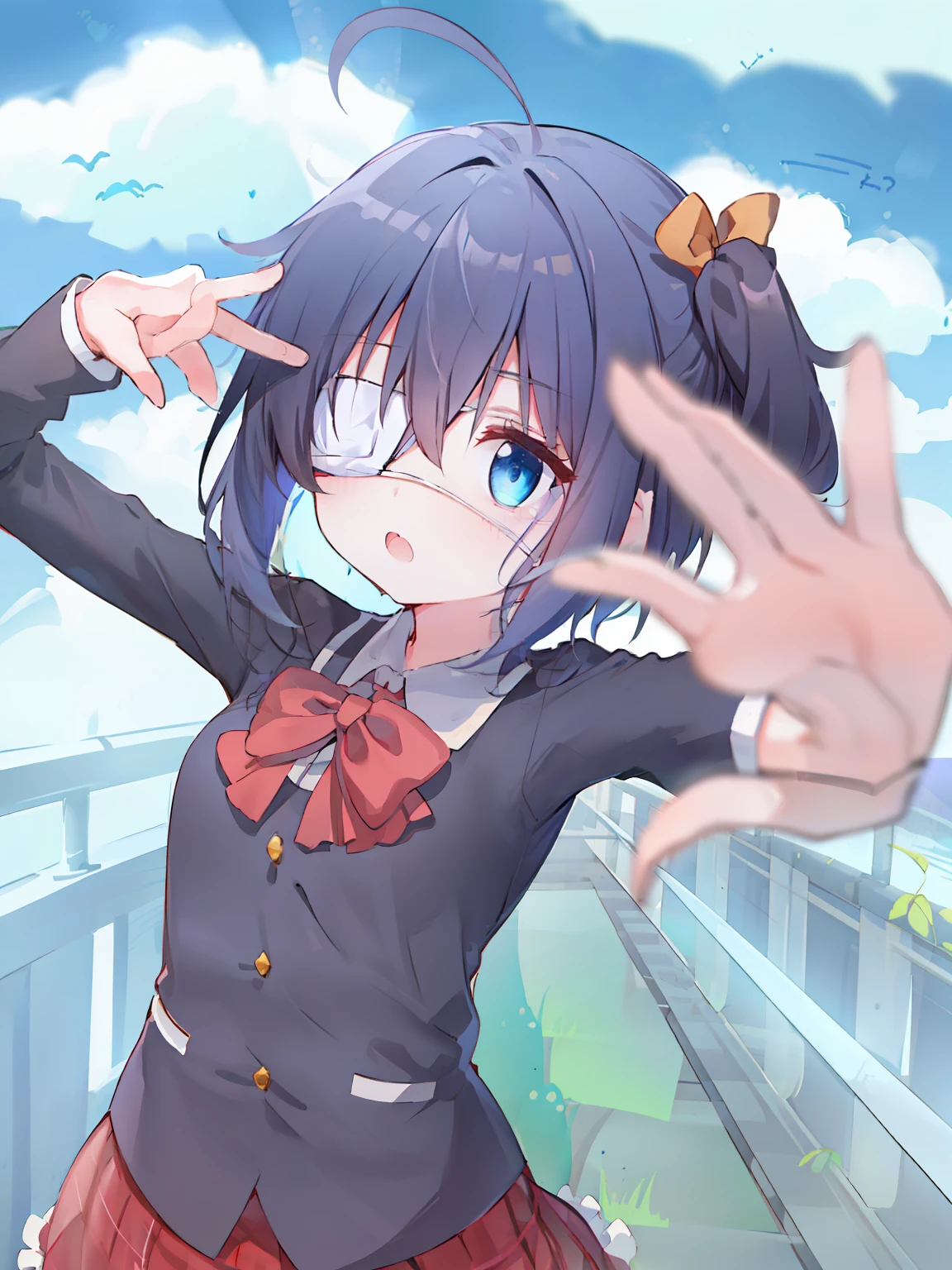 high res, masterpiece,Rikka Takanashi, black hair, solo, 1girl,outside,deatailed background, detailed eyes, ((blue eyes)), eyepatch