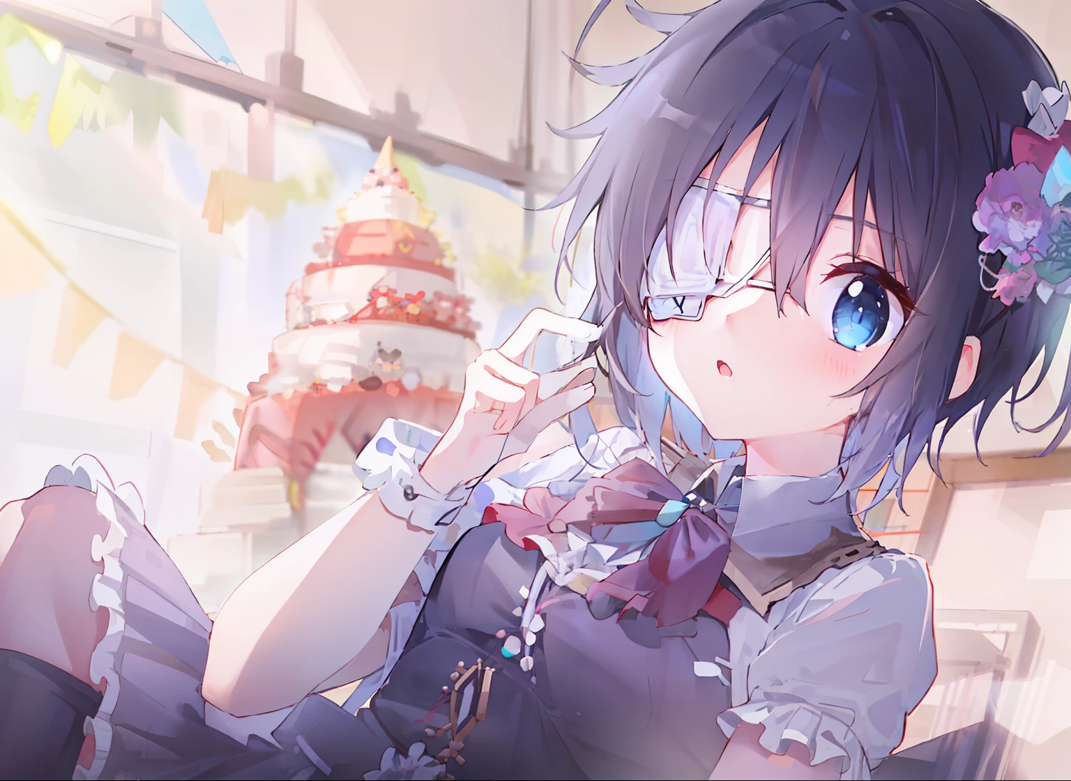 high res, masterpiece,Rikka Takanashi, black hair, solo, 1girl,outside,deatailed background, detailed eyes, ((blue eyes)), eyepatch