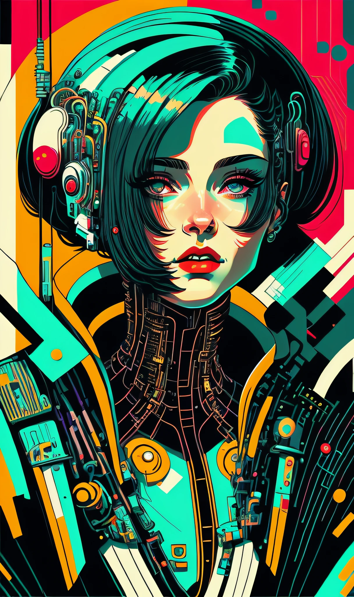 (masterpiece, 4k, ultra detailed, raw photo: 1.2), illustration, (1woman:1), (single background: 1.4), (symmetry: 1.2), (Art Deco:1.4), (retro-futuristic:1.4), (minimalism:1.4), (clean:1.4), (flat_color:1.4), (cyberpunk:1.4), CCDDA Artstyl