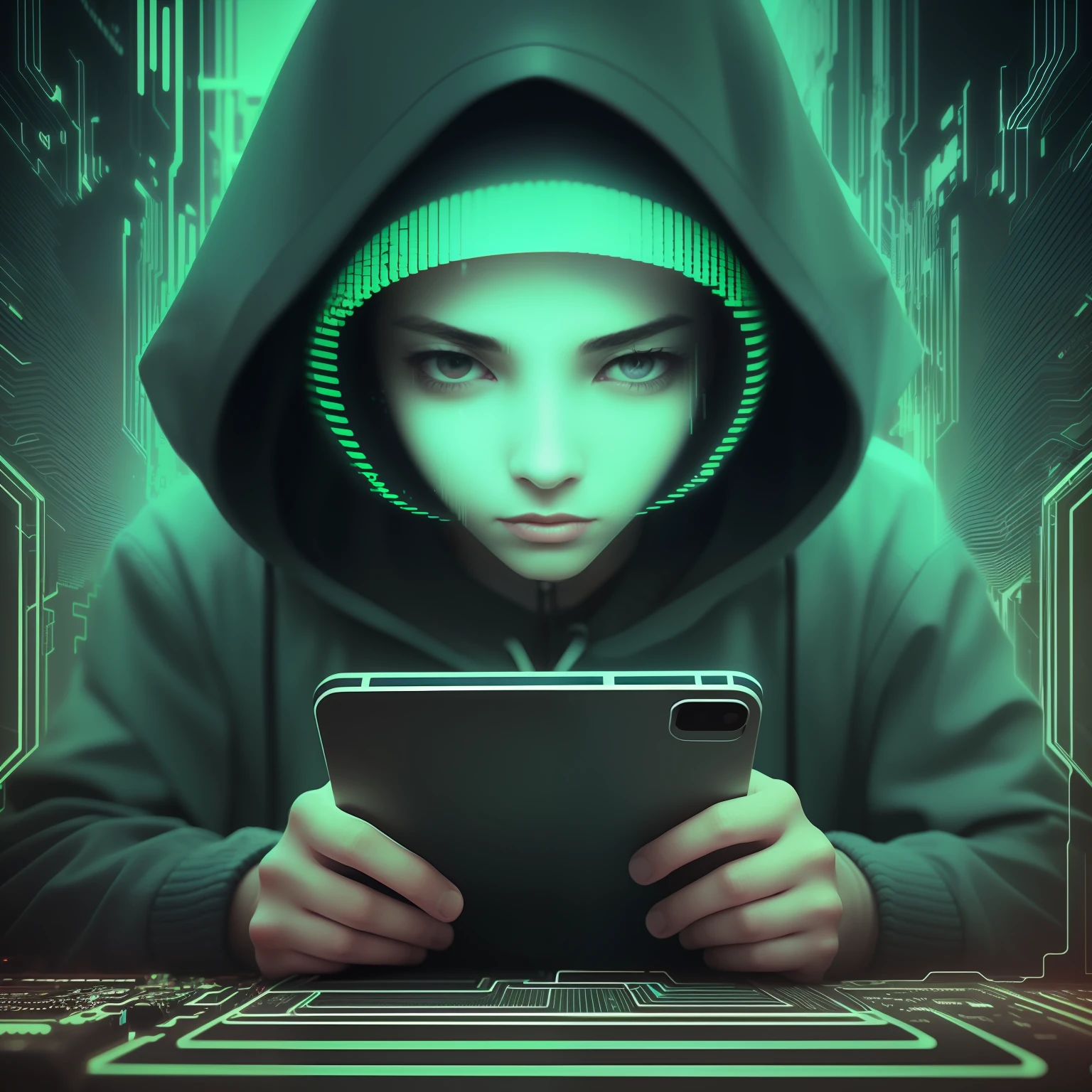 A closeup of a hooded guy viewing a phone with a neon light, glitchy, hooded figure, glitch art, neon glitch, glitched, alternate album cover, vhs glitch, video glitch, ( (dithered ) ), ( ( ( glitch art ), unexpected glitch art, analog glitch art, glitch art aesthetics, blurry and glitchy, noisy and glitched