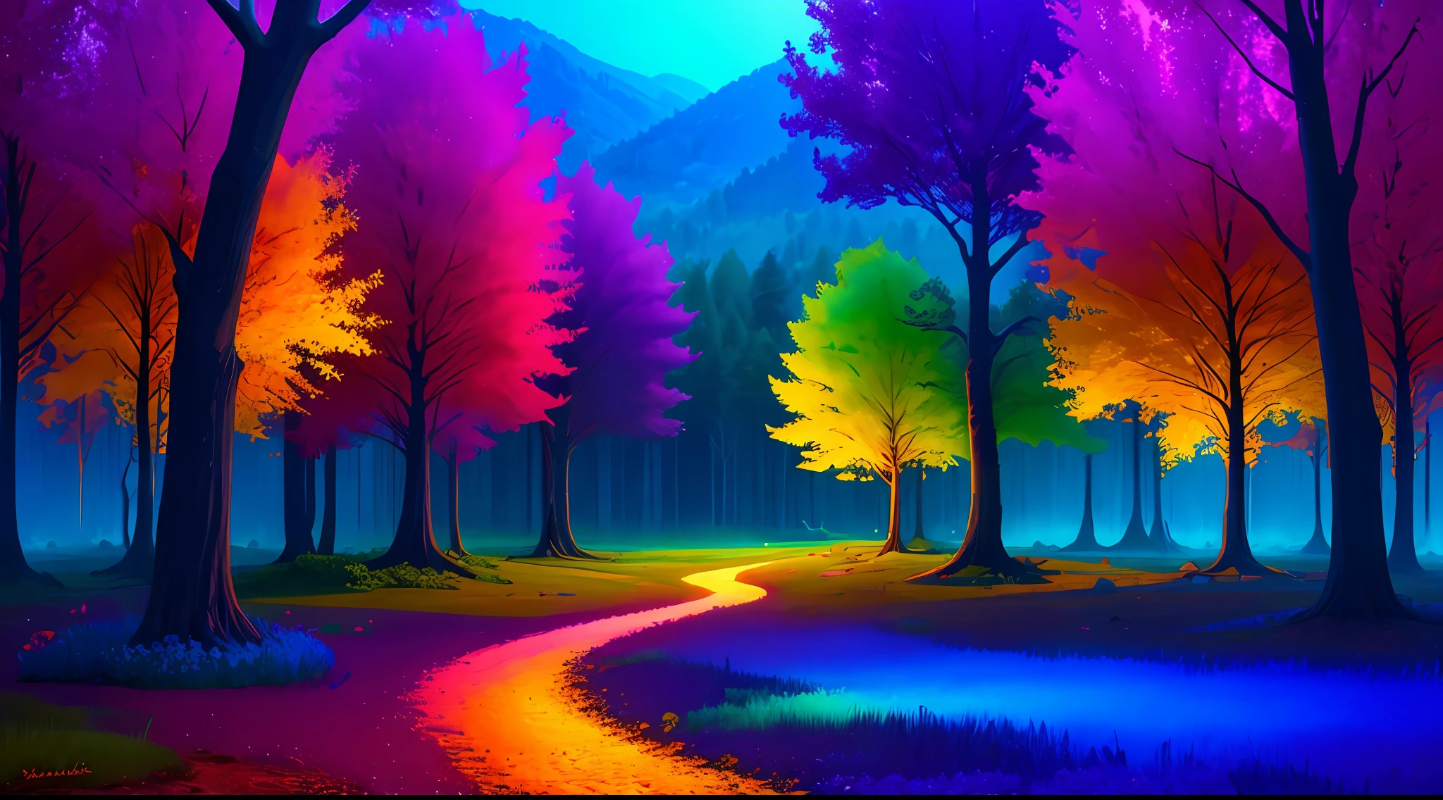 multicolor, landscape scenery, trees, limited world, bright background, light effects, unique colors