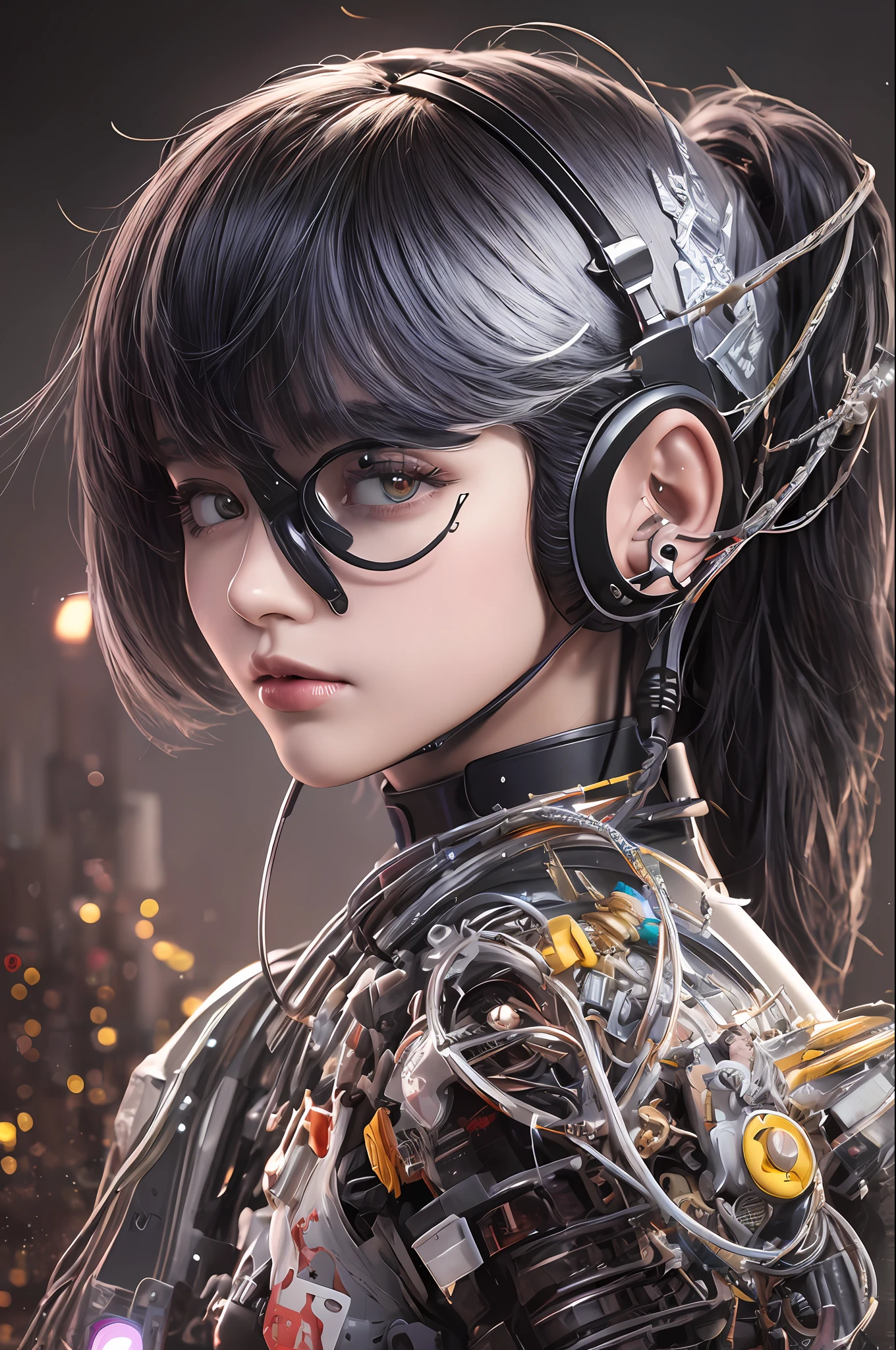 Top Quality, Masterpiece, Ultra High Resolution, (Photorealistic: 1.4), Raw Photo, 1 Girl, Black Hair, Glossy Skin, 1 Mechanical Girl, (Ultra Realistic Details)), Sidmead-inspired Mecha Design, Portrait, Global Illumination, Shadows, Octane Rendering, 8K, Ultra Sharp, Big, Cleavage Exposed Raw Skin, Metal, Intricate ornament details, headset, hydraulic cylinder, very intricate details, realistic light, CGSoation trend, purple eyes, glowing eyes, facing the camera, neon details, mechanical limbs, blood vessels connected to tubes, mechanical vertebrae attached to the back, mechanical cervical attachment to the neck, sitting, wires and cables connecting to the head, Evangelion, cyberpunk, small LED lamps,