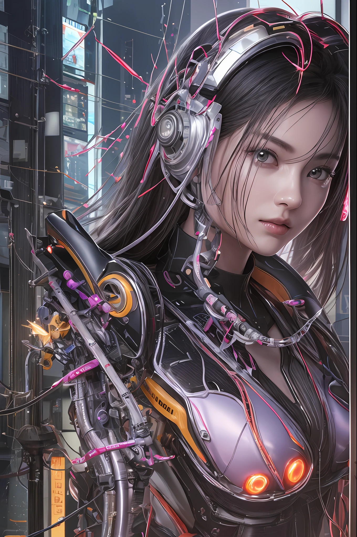 Top Quality, Masterpiece, Ultra High Resolution, (Photorealistic: 1.4), Raw Photo, 1 Girl, Black Hair, Glossy Skin, 1 Mechanical Girl, (Ultra Realistic Details)), Sidmead-inspired Mecha Design, Portrait, Global Illumination, Shadows, Octane Rendering, 8K, Ultra Sharp, Big, Cleavage Exposed Raw Skin, Metal, Intricate ornament details, headset, hydraulic cylinder, very intricate details, realistic light, CGSoation trend, purple eyes, glowing eyes, facing the camera, neon details, mechanical limbs, blood vessels connected to tubes, mechanical vertebrae attached to the back, mechanical cervical attachment to the neck, sitting, wires and cables connecting to the head, Evangelion, cyberpunk, small LED lamps,