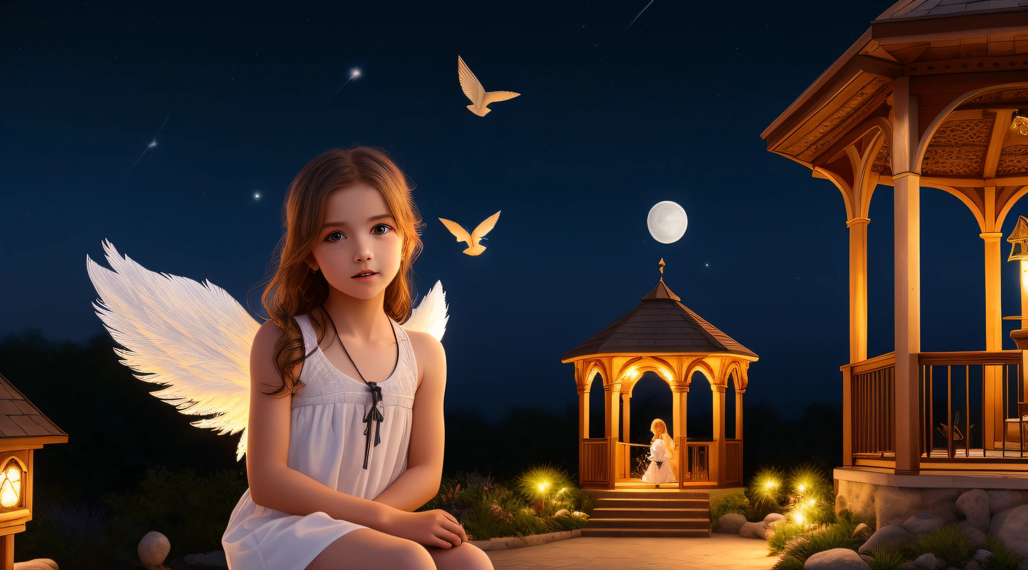 little cute angel with feathered wings looking to the night sky, ((gorgeous face)), ((realistic)), sitting on the outer egde marble gazebo at night garden and surrounded by white litle birds flying around her, all illuminated by the moon, intricate detailed, professional lighting, high definition, 8k, studio light