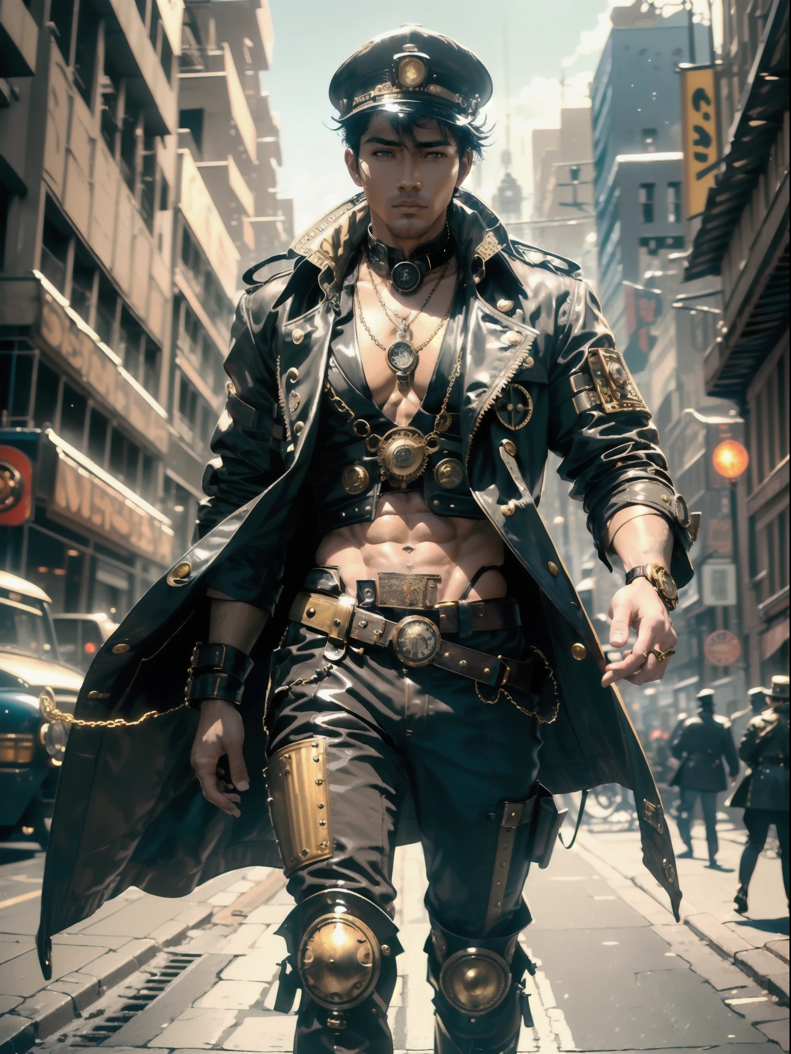 (1man:1.3), looking at the viewer, (steampunk clothing,abs chest, jacket, trench coat, Maven, Average height, Toned, Round face, Olive skin,, Golden, steampunk metropolis), (masterpiece, best quality, detailed shiny skin: 1.2), flawless, 8k, RAW, high resolution, absurd,