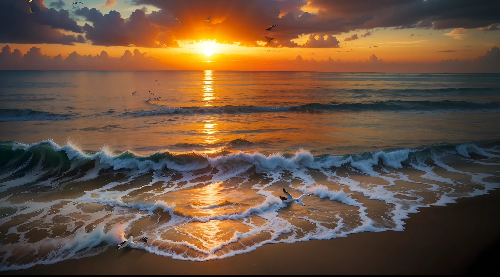 An absolutely mesmerizing sunset over the beach, with a blend of oranges, pinks, and yellows filling the sky. Crystal-clear waters of the sea gently kissing the shore, with sandy white beach stretching far and wide. The scene is dynamic and breathtaking, with seagulls soaring high in the sky and gently swaying palm trees. Take in the calming atmosphere and let the peacefulness wash over you.