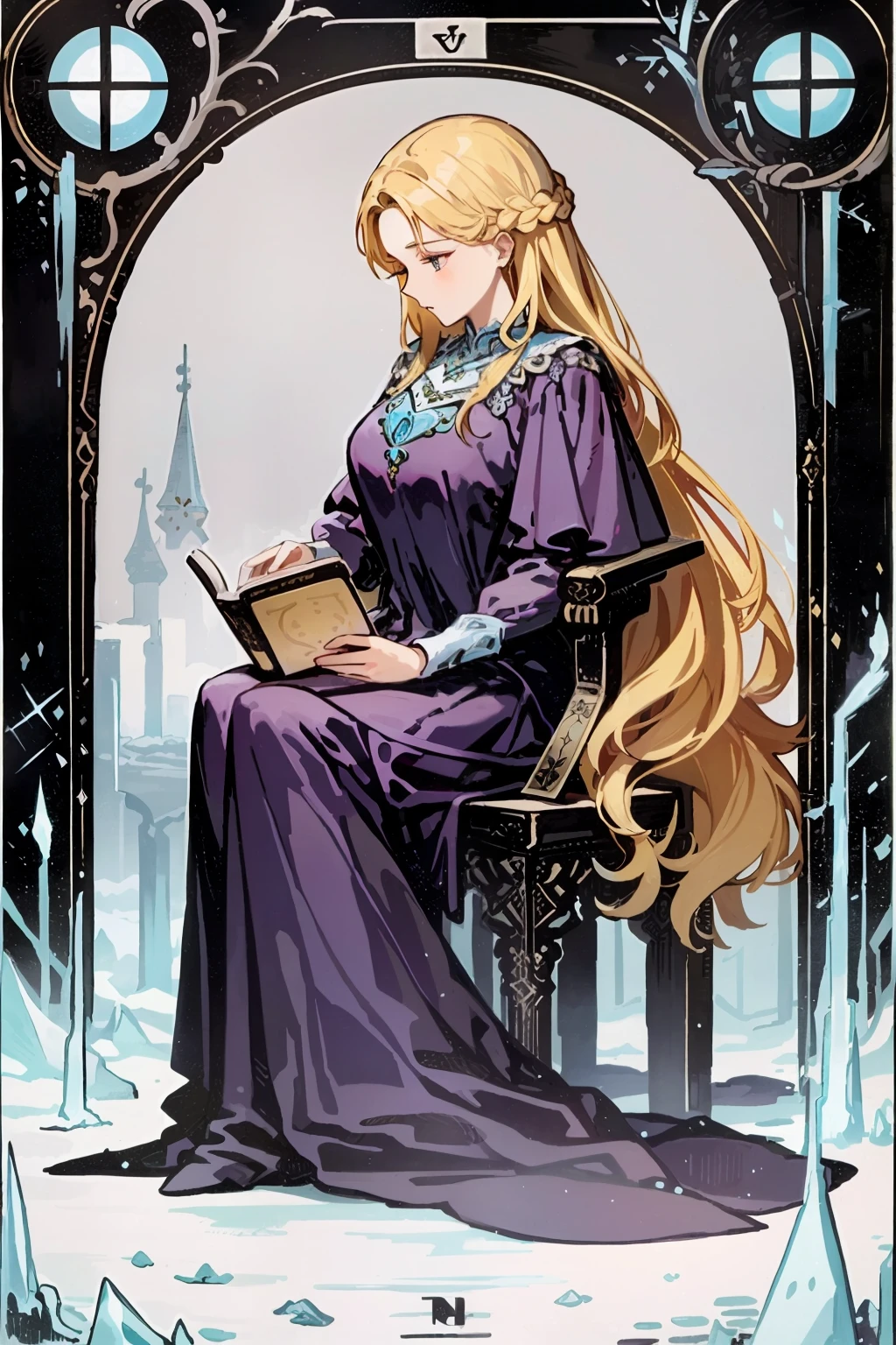 masterpiece, beautiful woman, long hair, blonde hair, purple dress, princess, holding a book, ice princess, beautiful background, secret concept tarot card history card mystery, tarot card, best quality