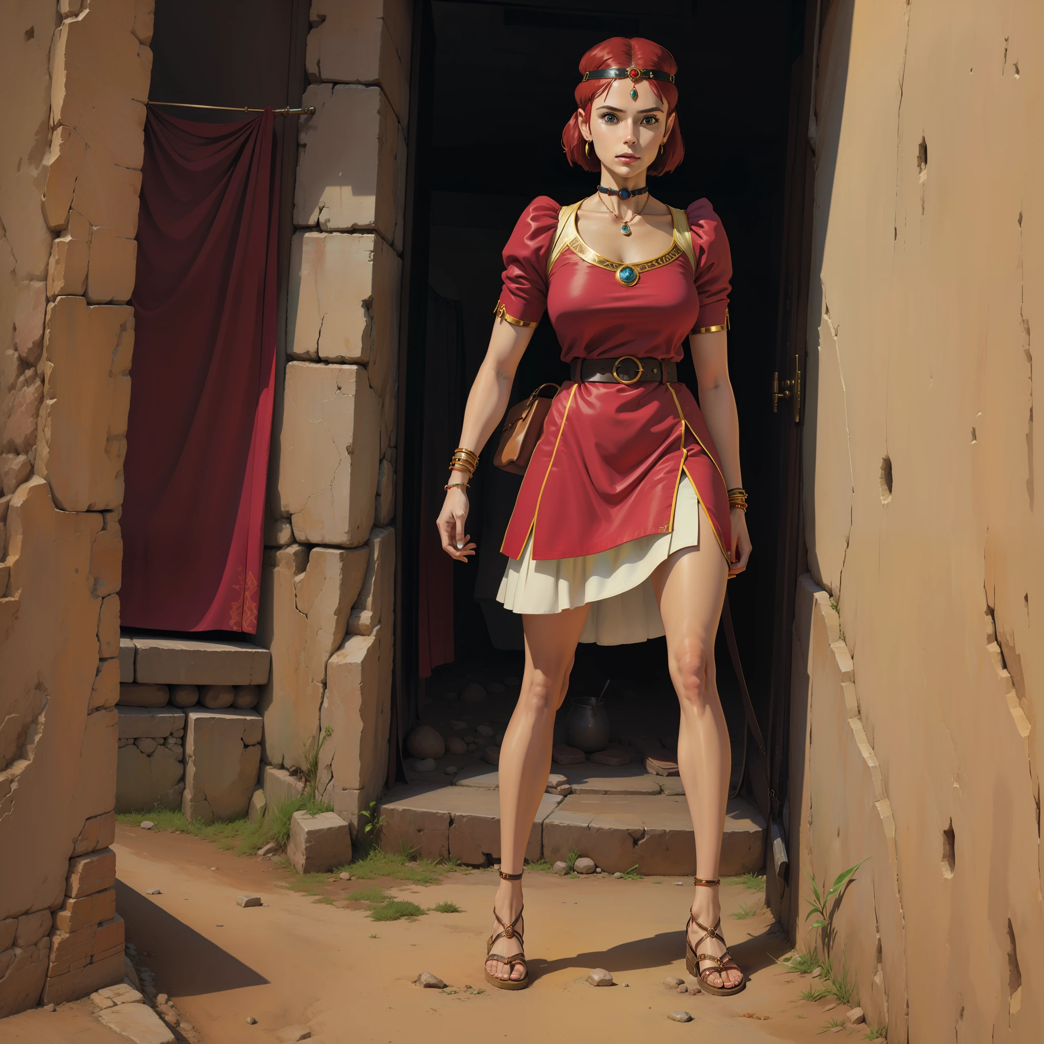 Female, Roman, Goddess, Short red hair, ancient short dress outfit, bronze belt, bronze bracelets, sandals