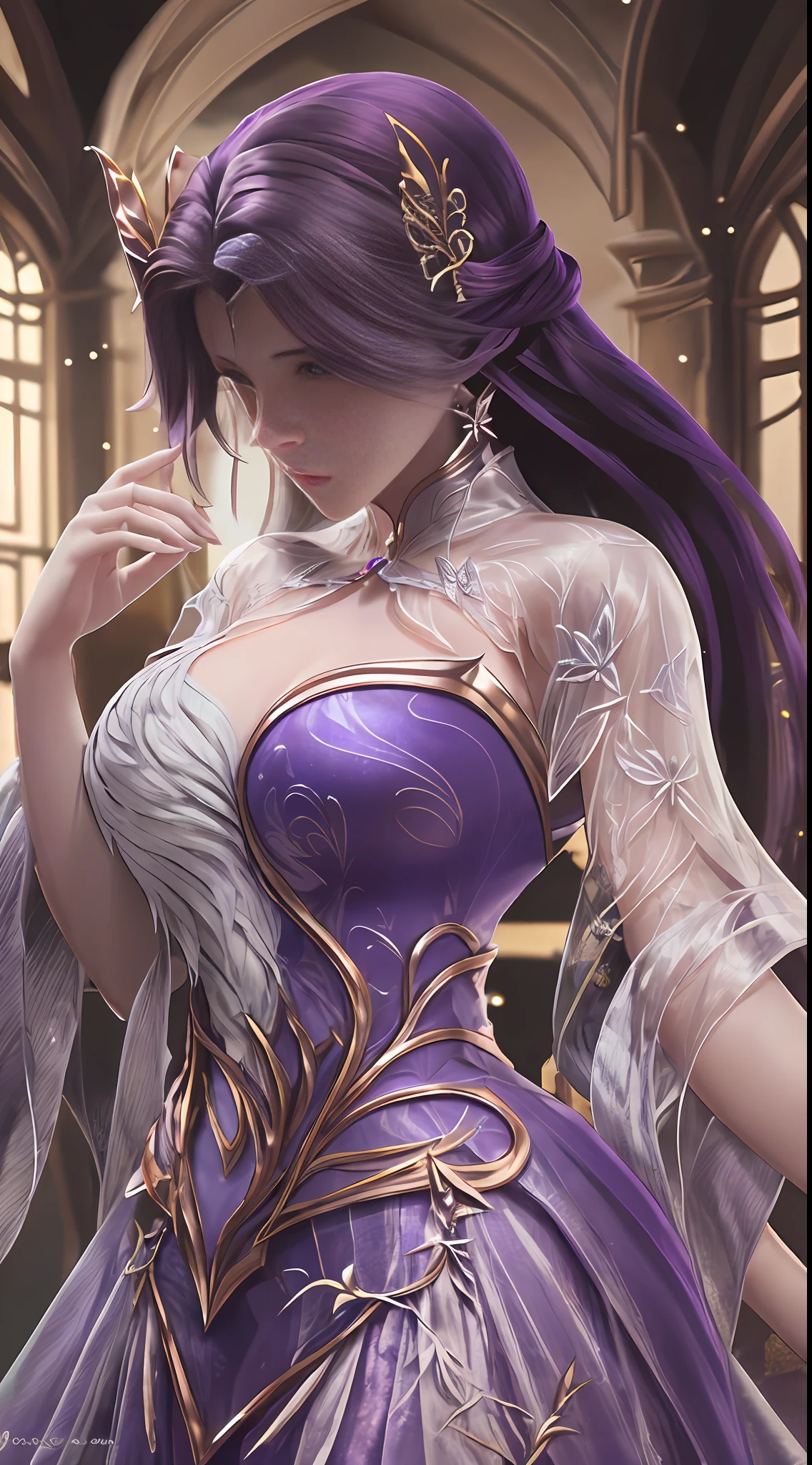 (1 girl:1.3), solo, Unity 8k wallpaper, cinematic lighting, RTX, unity, 3D Rendering, 3D render, blender, C4D, octane render,
super detailed, beautiful and aesthetic, beautiful, masterpiece, best quality, fantastic atmosphere, calm color palette, tranquil mood, soft shadows, yunxi dress,, alafi in purple dress and purple cape, goddess, flowing magic robe, 8K high quality detail art, extremely detailed goddess shot, beautiful and elegant elf queen, beautiful fantasy queen, 4K detail fantasy, super detailed fantasy characters, gorgeous flowing robes, fantasy art style, Extremely detailed Artgerm