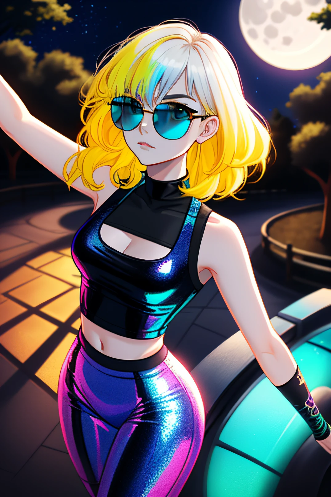 holographic, detailed, from_above, crop top, detailed face, yellow bodycon tank top, hair, park, sky, trees, pale skin, moonlight, stars, 1girl, statement sunglasses, woman,petite, waving helllo, vivid colors, bokeh background, subject for emphasis,dramatic colors,