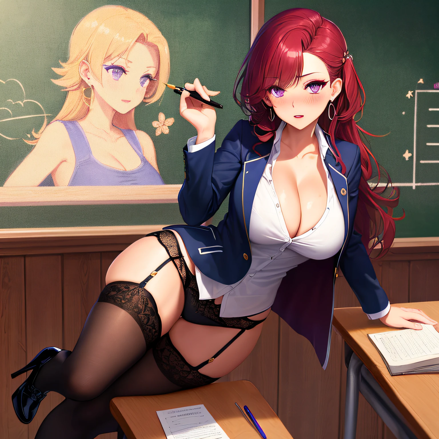 (Masterpiece, Best Quality, High Quality:1.4), professional artwork, Intricate Details, field of view, sharp focus, detailed painting, masterpiece, cinematic lighting, trending on pixiv, (vivid lighting, vibrant colors, by by Nagasawa Rosetsu:1.05),
Hiroko Takashiro, (mature female, milf:1.1), solo, (curvy:1.1), standing near chalkboard, holding chalk, classroom, (full body shot:1.1),
(red hair:1.05), long hair, lipstick, makeup, ultra detail hair, ultra detail face, (purple eyes:1.05), perfect eyes, perfect face, earrings, (confused, blush:1.2),
shirt, jacket, (black thighhighs, garter belt:1.1), zettai ryouiki, pencil skirt, school uniform, highheels,
(Large Breasts:1.1), Cleavage, big ass, thighs,