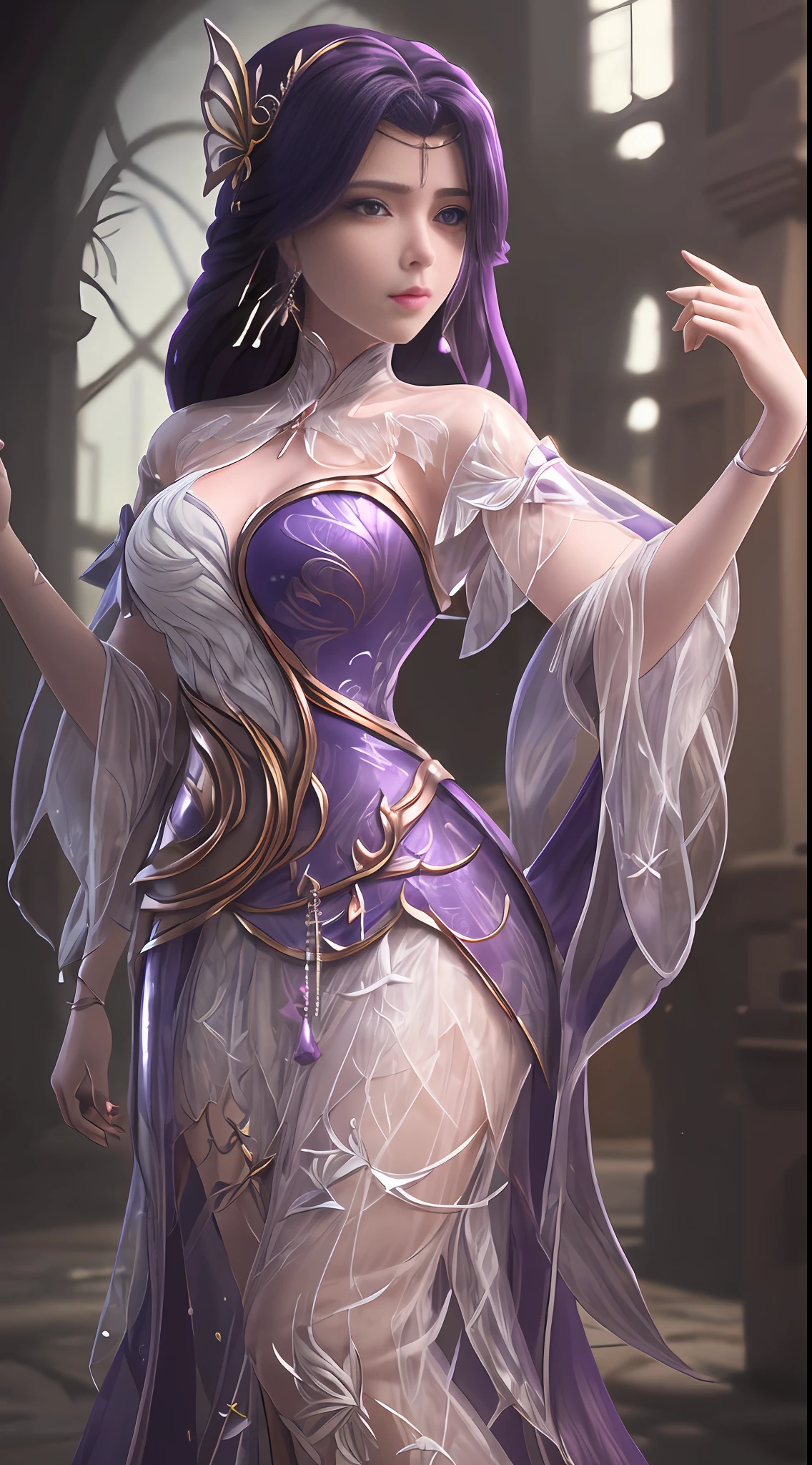 (1 girl:1.3), solo, Unity 8k wallpaper, cinematic lighting, RTX, unity, 3D Rendering, 3D render, blender, C4D, octane render,
super detailed, beautiful and aesthetic, beautiful, masterpiece, best quality, fantastic atmosphere, calm color palette, tranquil mood, soft shadows, yunxi dress,, alafi in purple dress and purple cape, goddess, flowing magic robe, 8K high quality detail art, extremely detailed goddess shot, beautiful and elegant elf queen, beautiful fantasy queen, 4K detail fantasy, super detailed fantasy characters, gorgeous flowing robes, fantasy art style, Extremely detailed Artgerm