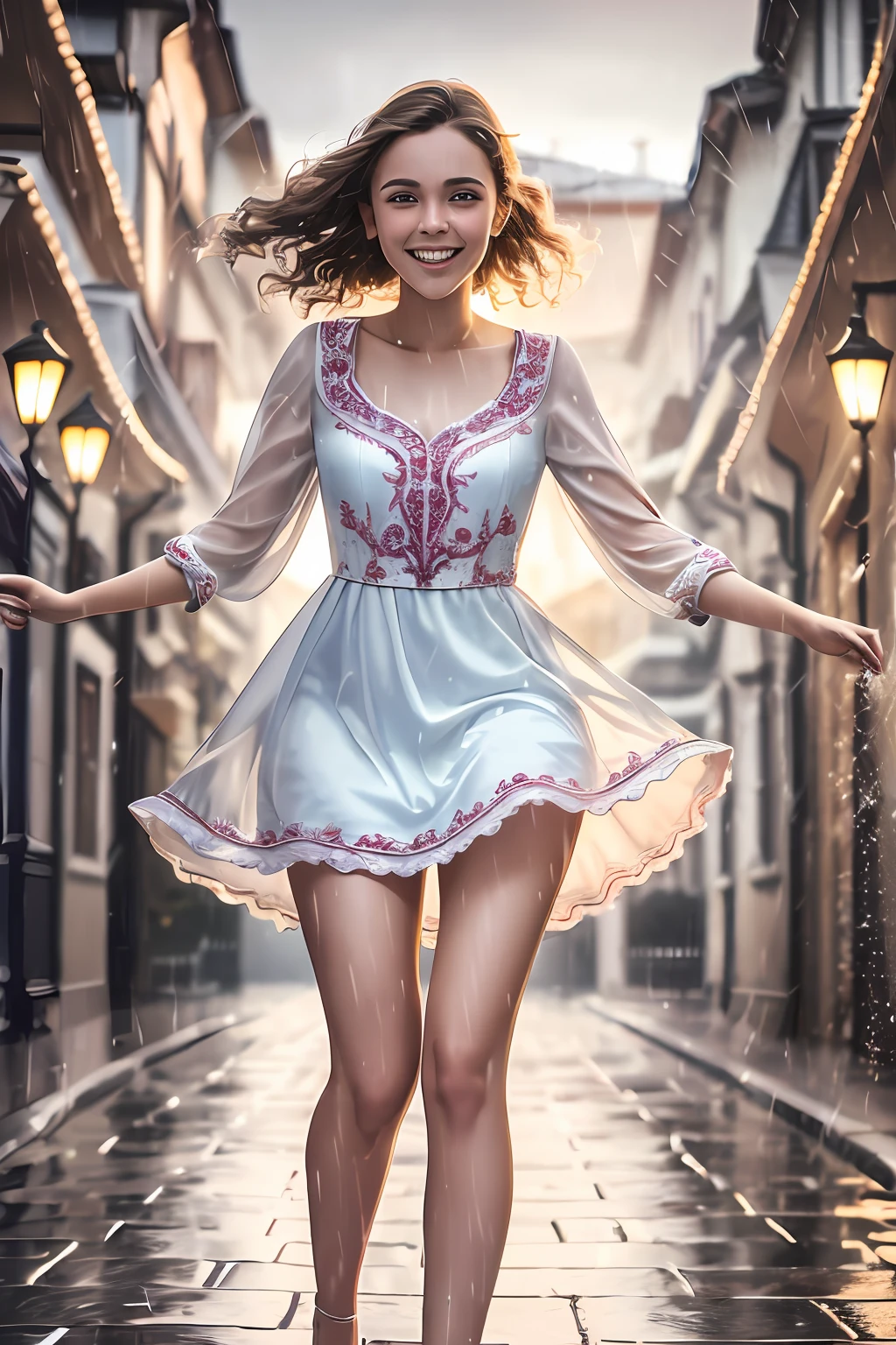 Gorgeous young woman with emotional eyes and wet hair in a wet light summer dress, dress in the style of Authentic Russian ornament, smiling happily and jumping on wet paving stones in the rain, intricate details, 16k, dynamic photo, (photo atmosphere in the style of Yuri Arkurs), bright colors, post-processing clarity, --q 2 --ar 2:3 --c 52 --s 750