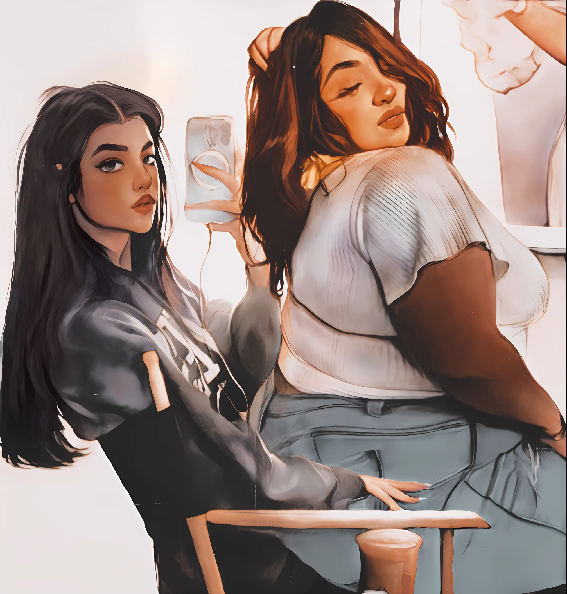 painting of two women sitting in a chair with a painting of a woman, loish and ross tran, loish and wlop, lois van baarle and rossdraws, jazza and rossdraws, charlie bowater and artgeem, ross tran and ilya kuvshinov, loish art style, lois van rossdraws