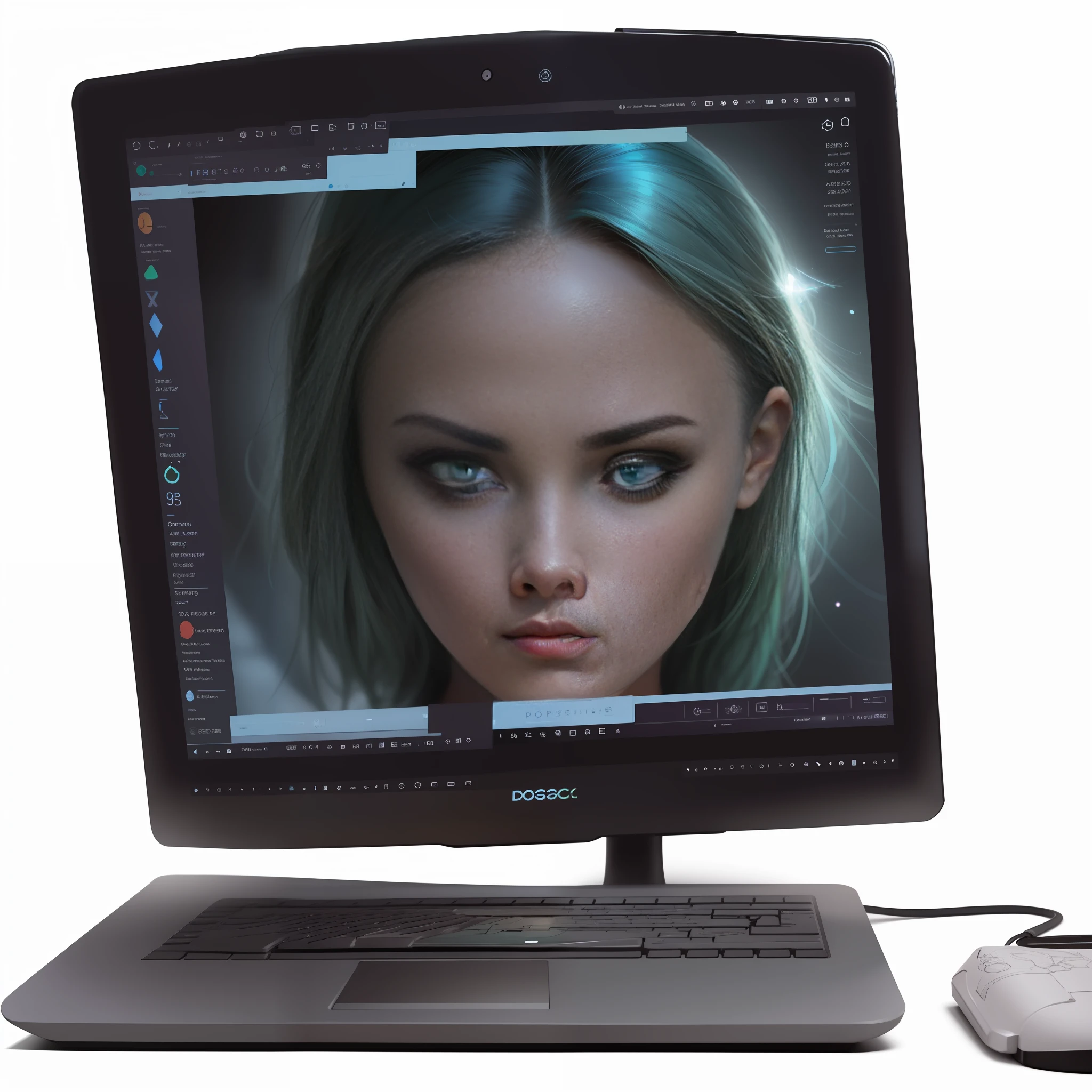 There is a computer monitor with an image of a digital woman on it, with beautiful and perfect shimmering green eyes, sparkling eyes, digital art station, digital drawing on Wacom tablet, PC screen image, ArtGerm and WLOP, digital painting, professional digital painting, WLOP glossy skin, 4K asymmetrical portrait, Artgerm 4K, full device, WLOP and ArtGerm