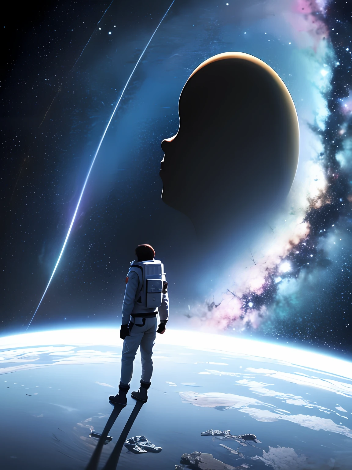 Create a profile picture of the dark but magnificent universe with a lone astronaut looking contemplatively