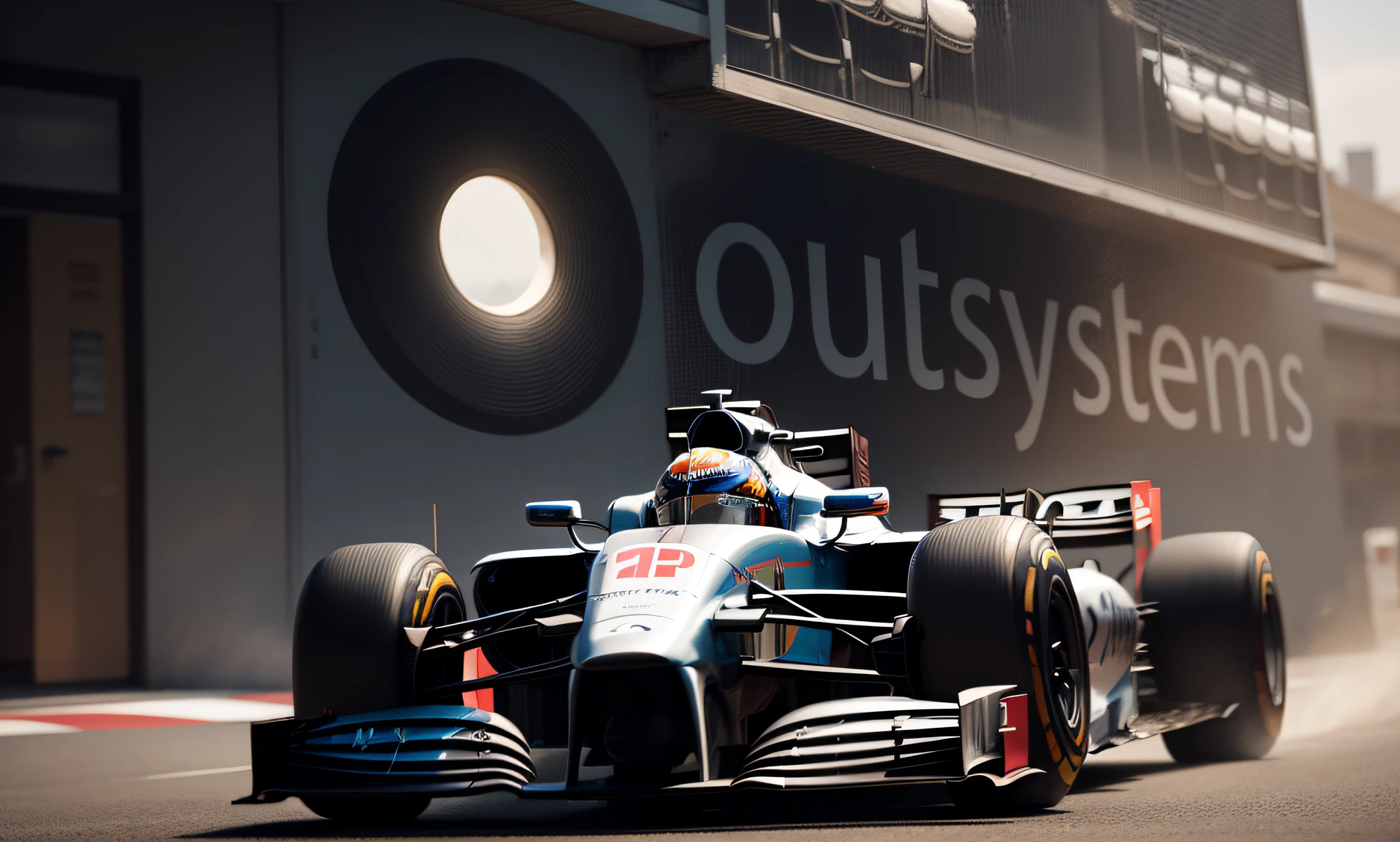 [one build]  [the logo and the word outsystems are not to be changed, they are to be kept] [lateral part off formula 1 car]  [the car is perfect, complete, but moving fast] --auto