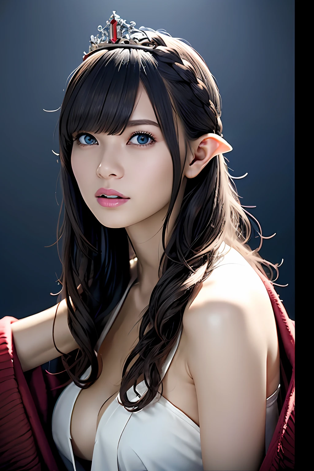 Ultra-detailed complex 3D rendering of the face, (Colossal: 8.8), (masterpiece, top quality, octane rendering, 8K), glamour shot full body image, very beautiful young elf, cleavage, (very detailed skin: 1.2), (exposure: 1.1), brown hair, (wearing a plummeted open shirt of white silk: 1.5)), beautiful Caucasian woman with white skin with full soft breasts with big buttocks, 1 person, long braided hair, big breasts, dynamic angle, mystical expression, ultra-realistic photos, (((((portrait))), bare feet, futuristic urban background, facial muscles, detailed and beautiful queen crown, in the style of Marvel Comics, ArtStation trends, clear focus, studio photography, intricate details, very detailed, detailed red eyes, very detailed, Sharp Focus, Digital Rendering, Professional, Abs, Dark Grey Background, Shot with Canon EOS R 6, (((((Sexy Pose)))),