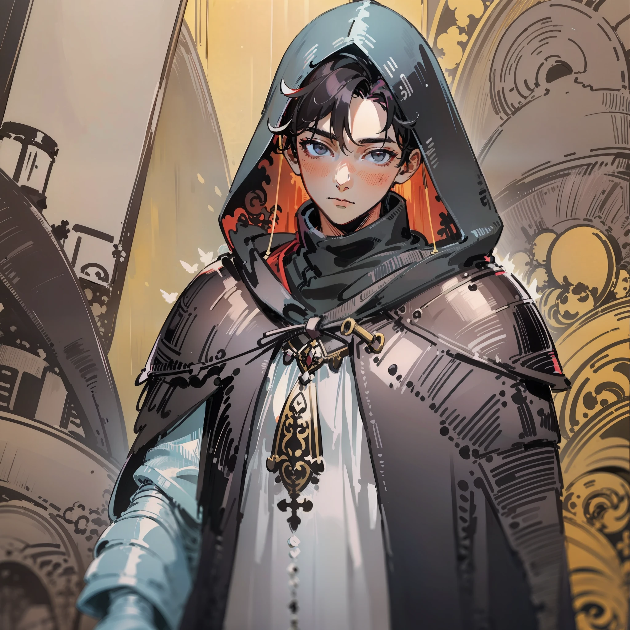 (best quality, masterpiece: 1.1), (realistic: 1.4), 1boy, a young man with small, dark hair, wearing a black hooded robe, wearing light armor underneath the cloak, on a medieval background.