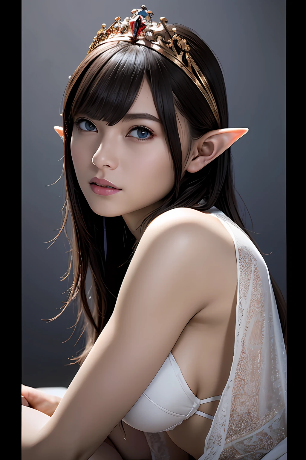 Ultra-detailed complex 3D rendering of the face, (Colossal: 8.8), (masterpiece, top quality, octane rendering, 8K), glamour shot full body image, very beautiful young elf, cleavage, (very detailed skin: 1.2), (exposure: 1.1), brown hair, (wearing a plummeted open shirt of white silk: 1.5)), beautiful Caucasian woman with white skin with full soft breasts with big buttocks, 1 person, long braided hair, big breasts, dynamic angle, mystical expression, ultra-realistic photos, (((((portrait))), bare feet, futuristic urban background, facial muscles, detailed and beautiful queen crown, in the style of Marvel Comics, ArtStation trends, clear focus, studio photography, intricate details, very detailed, detailed red eyes, very detailed, Sharp Focus, Digital Rendering, Professional, Abs, Dark Grey Background, Shot with Canon EOS R 6, (((((Sexy Pose)))),