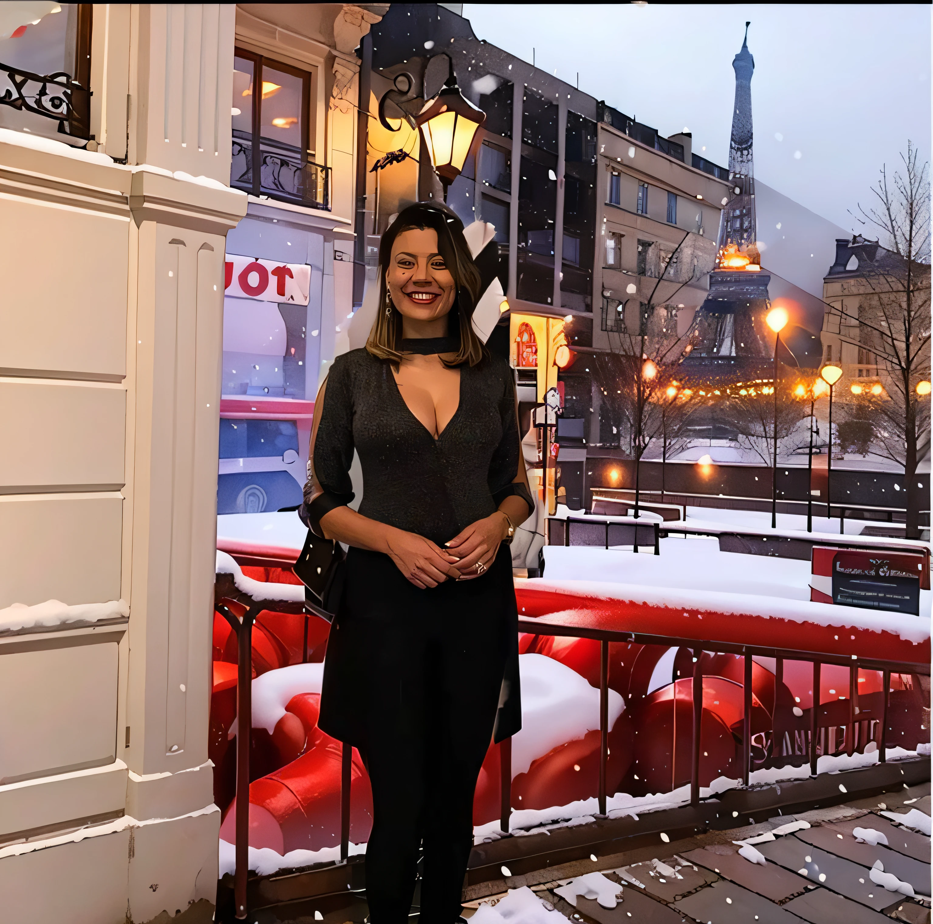 Snow night in Paris near the Eiffel Tower