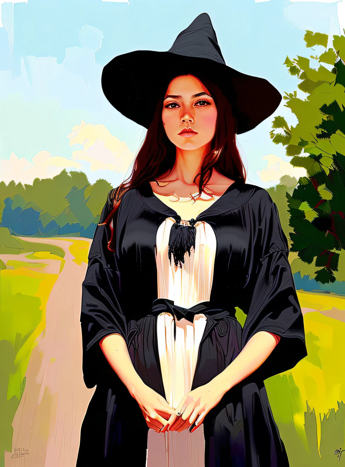 style modelshoot, (extremely detailed 8k CG unity wallpaper), full body photo of the world&#39;s finest works of art, English medieval witch, black silk valley, pale skin, black silk dress, sexy, photorealistic painting by Ed Blinkey, Atey Ghailan, Studio Ghibli, by Jeremy Mann, Greg Manchess, Antonio Moro, trending on ArtStation,  trend on CGSociety, Complex, High Detail, Sharp focus, dramatic, Photorealist painting art by midjourney and greg rutkowski