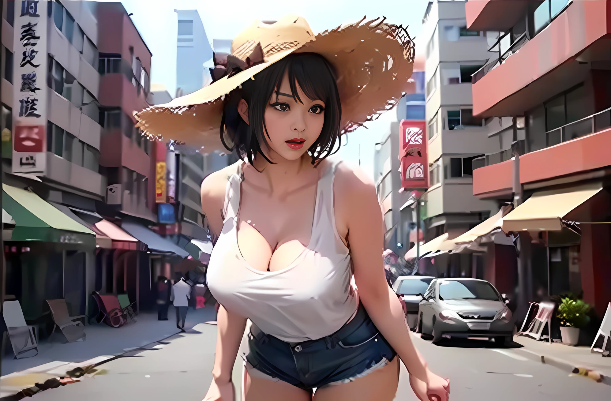 calamity, ( huge breasts),dark skin, cowboy hat, thick thighs, curvy, red hair,looking at viewer, wide hips, naughty face,tank top, cleavage, cleavage cutout,denim, white tank top, standing, street, full body, masterpiece, best quality, 事業の証明書を掲げる椅子に座る女性, 奈良美智, 手代木詩織, 証明, 小島彩美, 緒方葵, 西宮翔子, 柿之内成美,