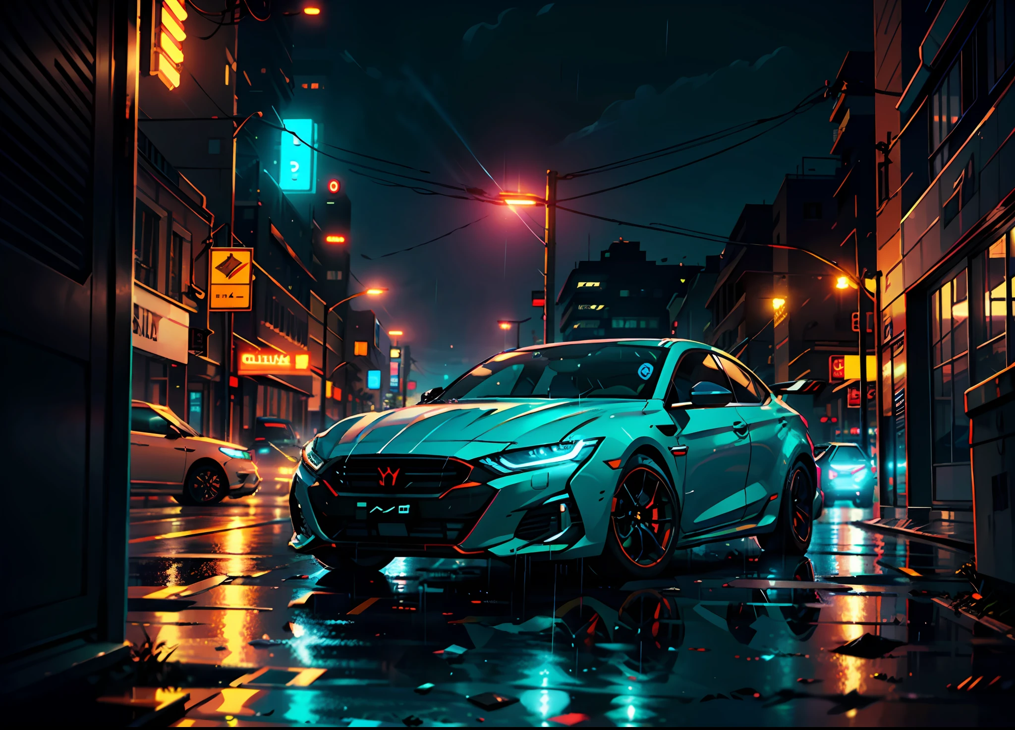 a car of the future in rainy cyberpunk city
(((cinematic lighting))), soft cinematic light, adobe lightroom, photolab, hdr, immense detail, photorealism, professional photography