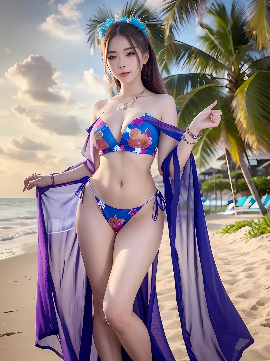 (Full Body), (Best Quality:1.1),(Photorealistic:1.1), (Photo:1.1), (Very Detail:1.1), Look at the Beholder,Armband, Jade Bracelet, Eyelashes, Happy, Medium,Beautiful Detailed Girl, (Very Detailed Eyes and Face), (Facial Lighting), Necklace,Colorful Clothing, [Chinese Clothing],[Off Shoulder], (Solo:1.2), Beach,Sandy Beach, standing by the sea, summer, (beautiful detailed sky),digging into the ass,