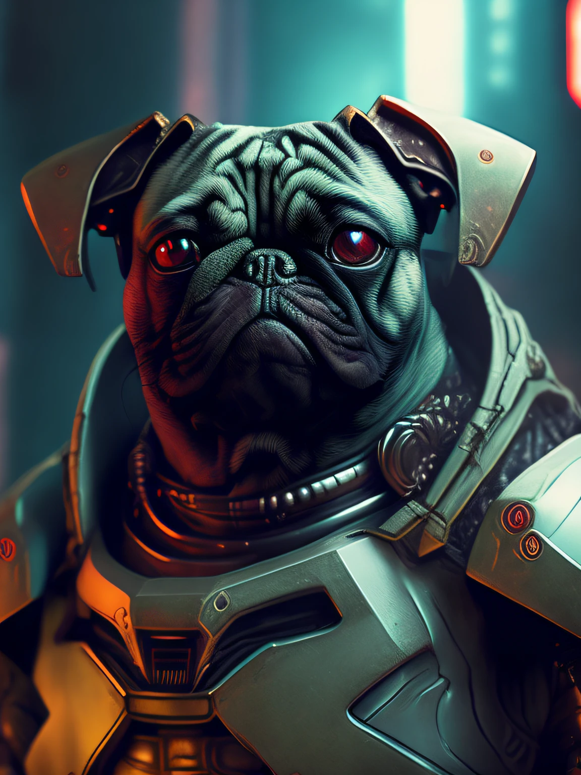 A Pug (Robot) Dog as Doomslayer, Realistic SciFi Cyberpunk Power Armor Robot, Close-Up Portrait