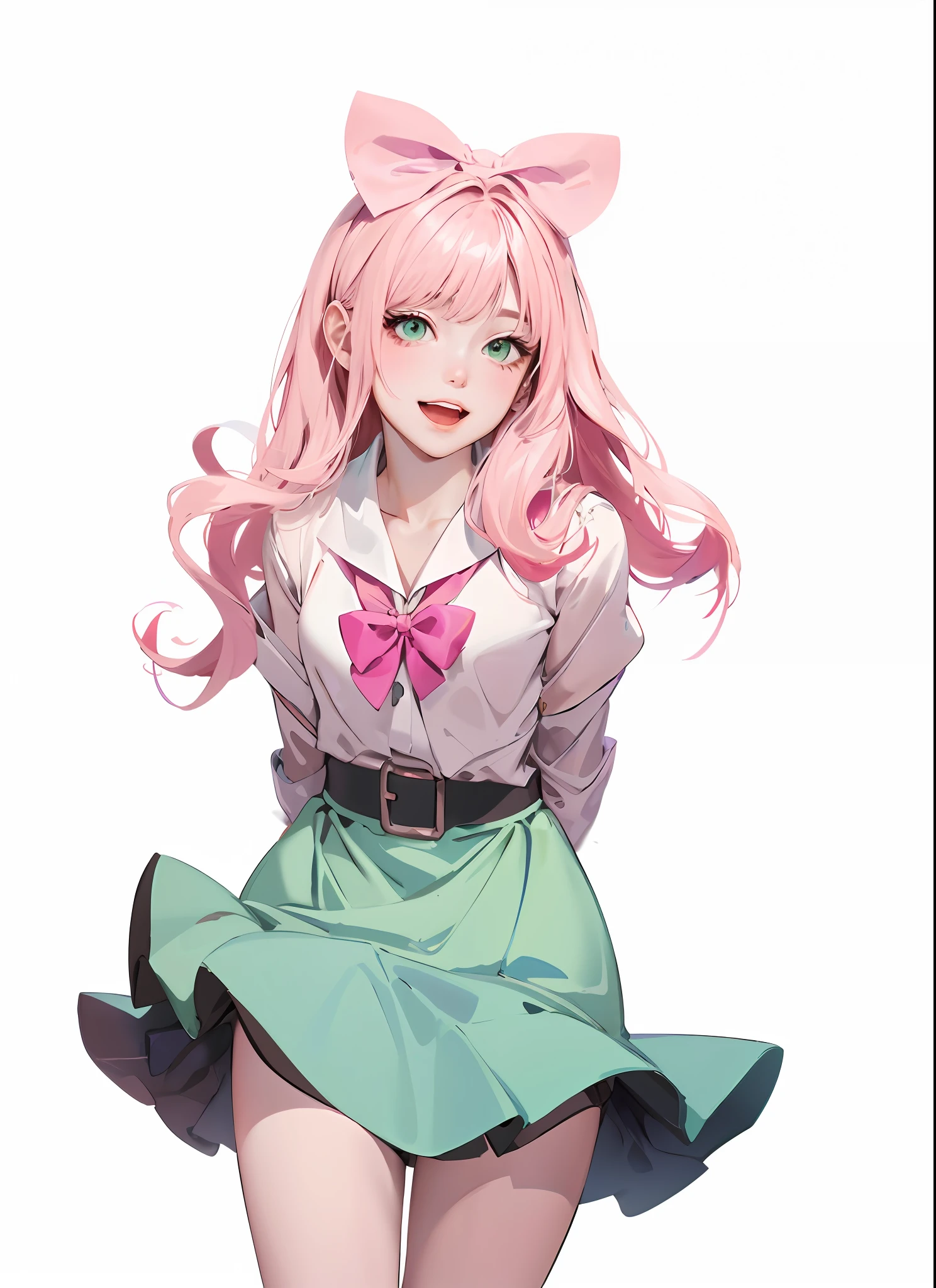 Best quality, highest detail, masterpiece, pink bow, pink hair, cute anime girl, semi realistic, painting, beautiful body, white shirt, wlop, green eyes, smile, asian, loli