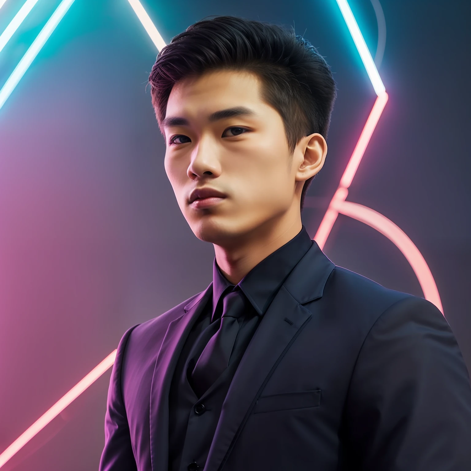 (handsome 25-year-old young asian man wearing an elegant black suit), (suit and tie), (looks like Kim Young-dae), (sensual man), (extremely handsome man), ultra detailed suit, sensual look, realistic, red lighting, hard shadow, masterpiece, best quality, Intricate, high detail, 8k, modelshoot style, (perfectly aligned and detailed eyes), (detailed mouth), (highly detailed face: 1.4), short hair,  night, low light, nikon d850, camera f1.6 lens, rich colors, realistic texture, dramatic lighting, cinestill 800, erotic, neon, rgb, 1man, night, rays of light, eoC, rave, highres, lens flare, led, masterpiece, cinematic lighting, perfect skin, rave lighting, neon, light particles, ultra detailed, perfect face, fine details, rich colors, dramatic lighting, extremely detailed, cinematic lighting, pose,  looking at the viewer, upper body, (sensual smile)