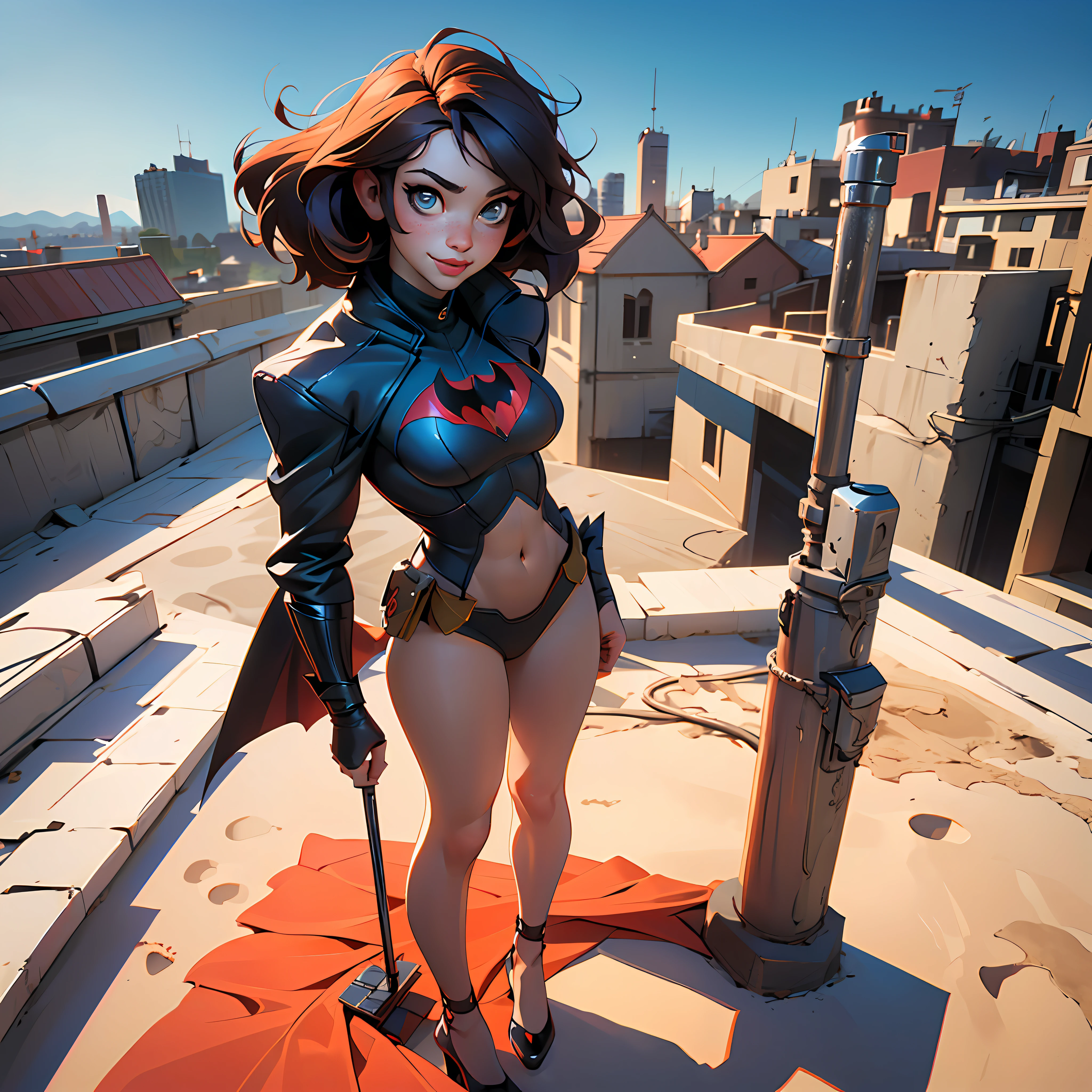 NSFW, ((Ultra High Resolution, Great Quality)), (((8K, Raw Photo, Best Quality, Masterpiece, Hyper-realistic))), wallpaper, amazing, extremely detailed, highly detailed, sharp focus, real person, ((only 1 girl)), pretty face, detailed face, twenty years, (beach body, sexy body, thin body), sexy, sensual girl, hottie, lascivious, (perfect hair), (pretty eyes, detailed eyes), (big breasts, marked, perfect body, sensual body, perfect, (DC Comics, Marvel, batman, batwoman, batgirl, Superheroine, Heroine), (beautiful smile, sexy smile), perfect legs, navel piercing, beautiful face, standing, female hands, perfect hands, five digits, (at sunset, on the roof of a building), defiant look, half smile, latex, soft skin, cinematic lighting, highly detailed body, masterpiece, detailed lips, freckles on cheeks and nose, 1 navel, rosy cheeks, mischievous smile, full body view, perfect legs, wild and sexy hair, full body view, Playboy photographic style, masterpiece, best quality, (masterpiece), (best quality: 1.4), (ultra tall: 1.2), (hyper realistic: 1.4), (photorealistic: 1.2)