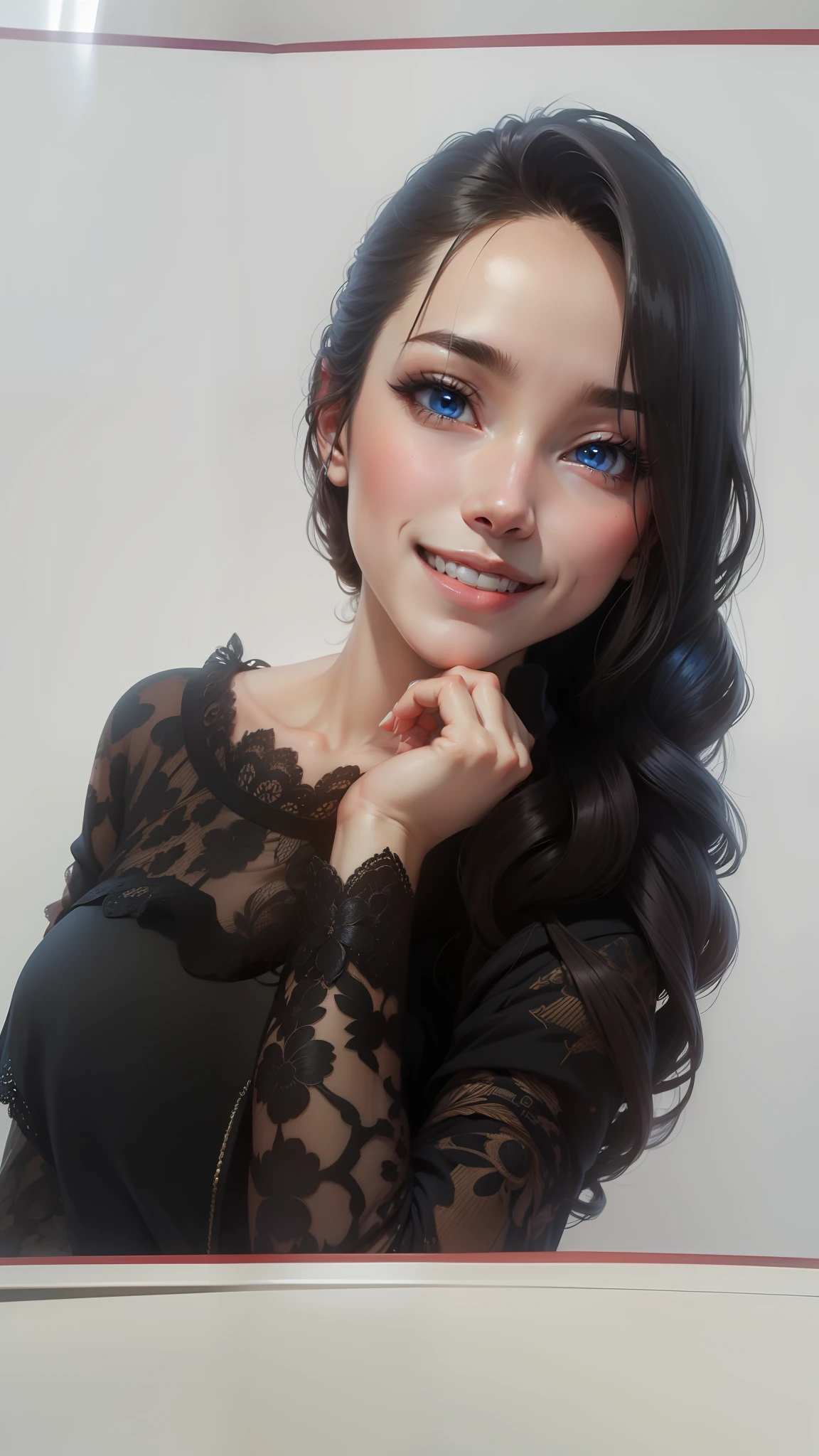 Anime, hair over shoulder, blue eyes, best quality 8k, bright smile, angelic