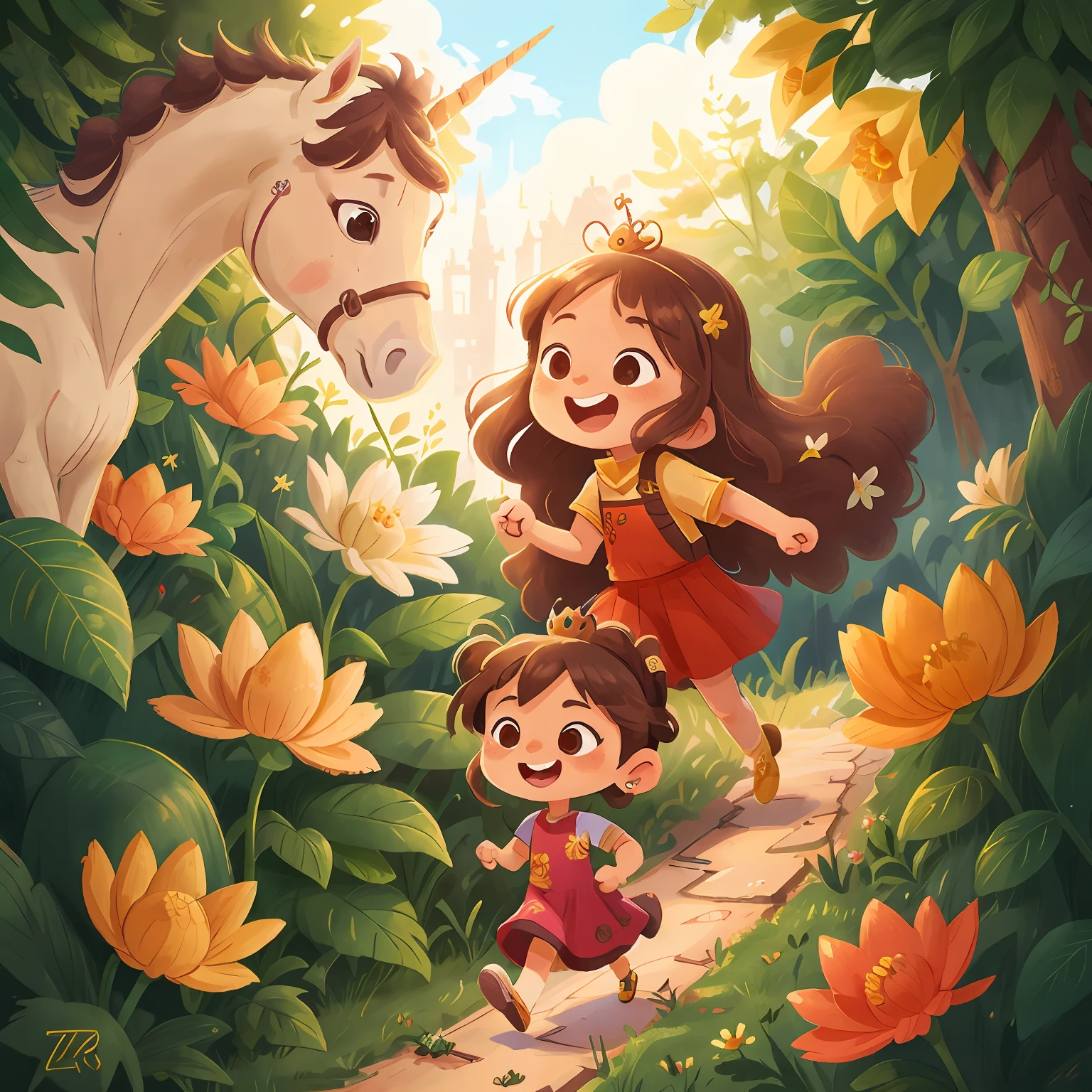 (best quality) (detailed description) (do not duplicate) a girl in a golden tiara, , golden dress, long dress, brown hair, happy, running, next to a white unicorn horse, in a flower garden