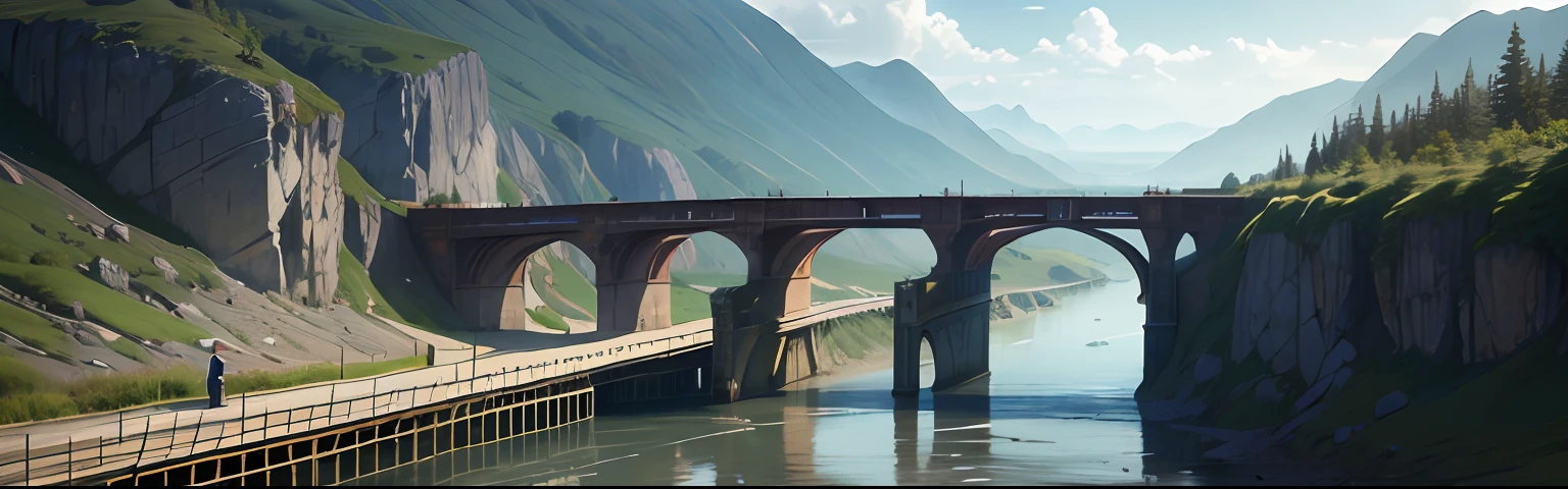 Realistic image of a bridge over a river with turbulent waters. On top of the bridge, a calm and happy-faced man watches the turbulent water pass by. --auto