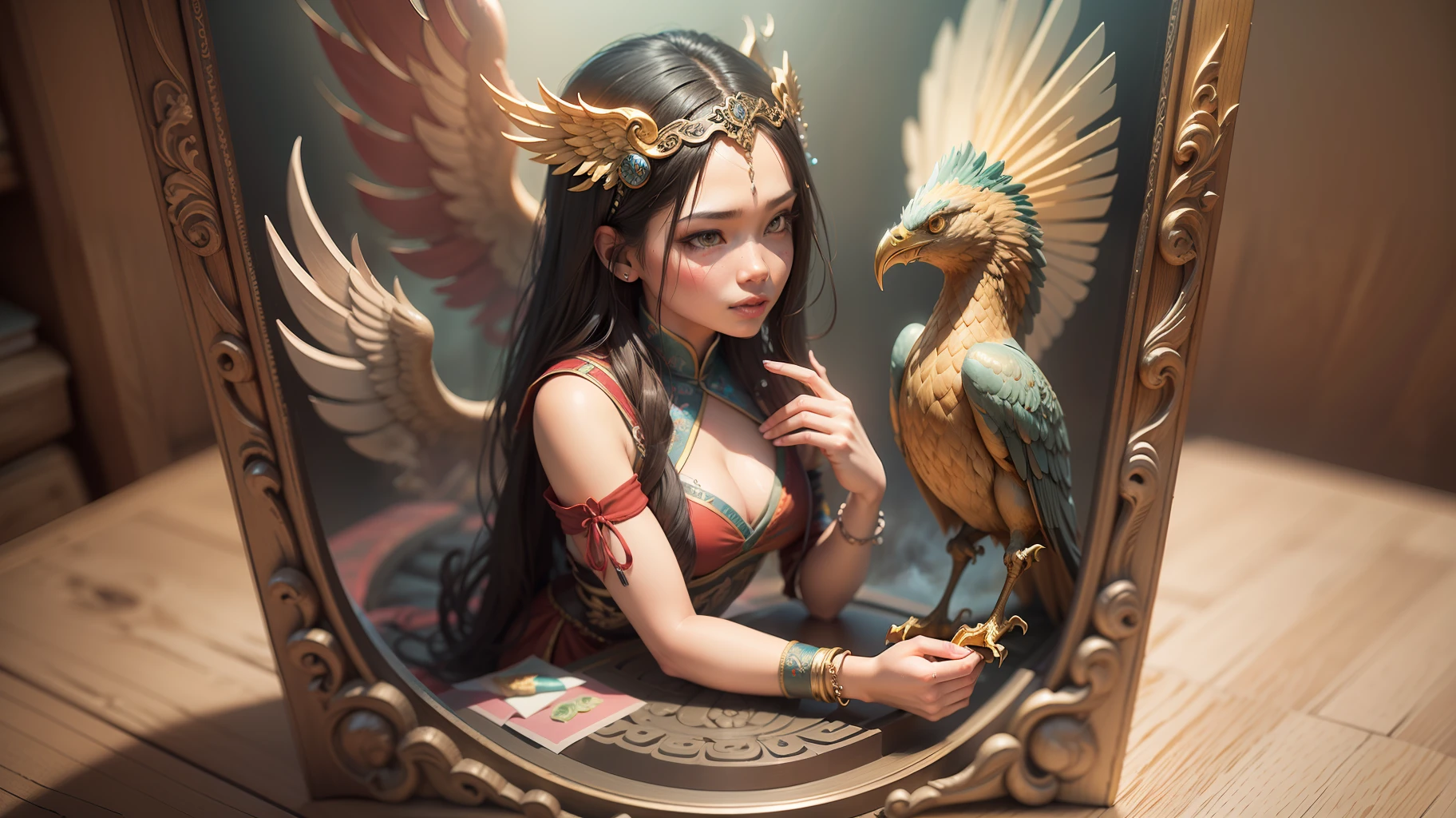 "Create with inspired ultra-detailed concept art" 3D relief, meticulously carved, girl and phoenix carving, spirit, traditional Chinese style, multi-dimensional paper fog crafts, ultra-wide view view, dreamy, 8K, romantic, high resolution, 8k" masterpiece. Unleash your inner Cu73Cre4ture programmer with the power of steady diffusion and bring your imagination to life! ", high detail, 8k, highly realistic and complex, fantasy art