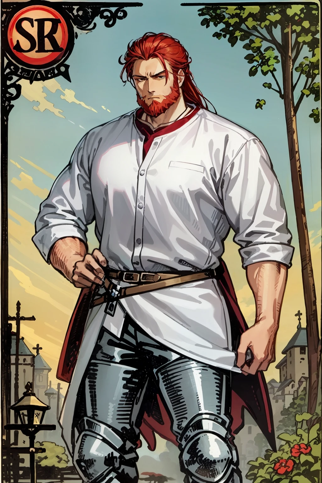 masterpiece, handsome man, red hair, red beard, muscular, knight, white shirt, protector, beautiful background, secret concept tarot card history card mystery, tarot card, best quality