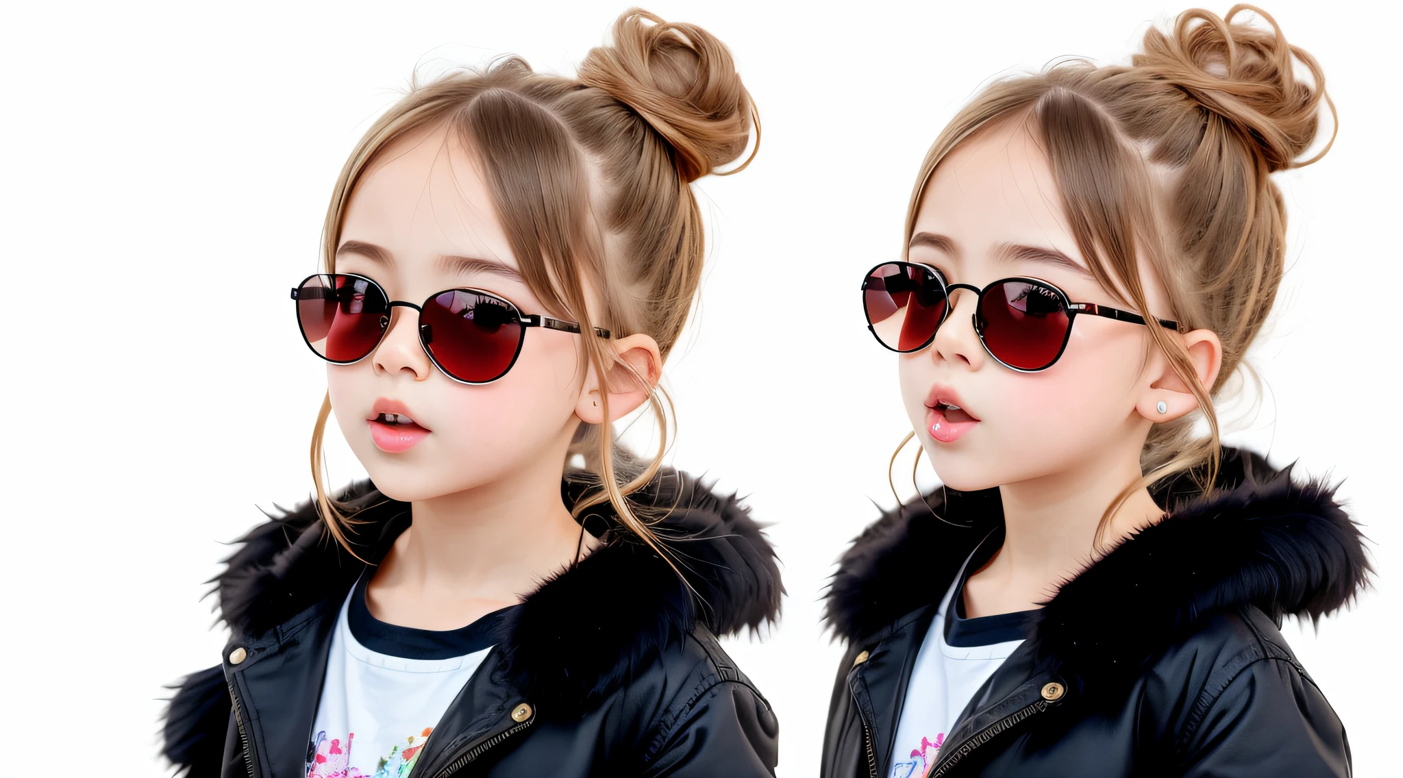 masterpiece, best quality, realistic, hair BLONDE in bun and sunglasses, long hair, black fur coat, broad shoulders, small head, upper body, (white background: 1.3), mouth closed.