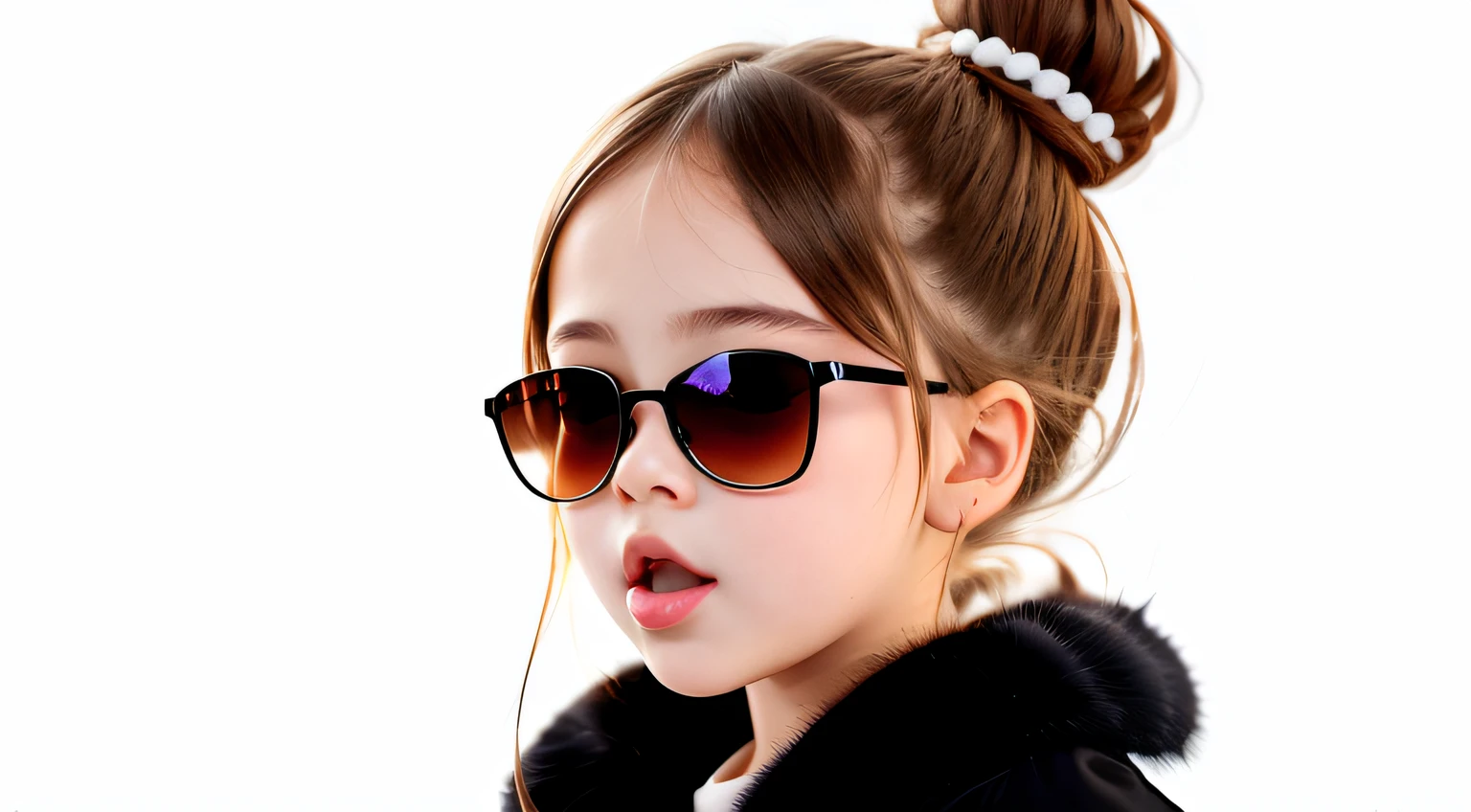 masterpiece, best quality, realistic, hair BLONDE in bun and sunglasses, long hair, black fur coat, broad shoulders, small head, upper body, (white background: 1.3), mouth closed.